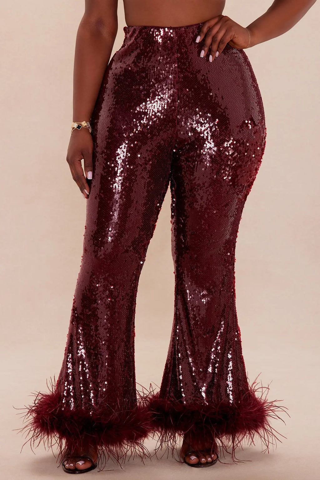 Gaia Feathered Sequin Pant - Burgundy 