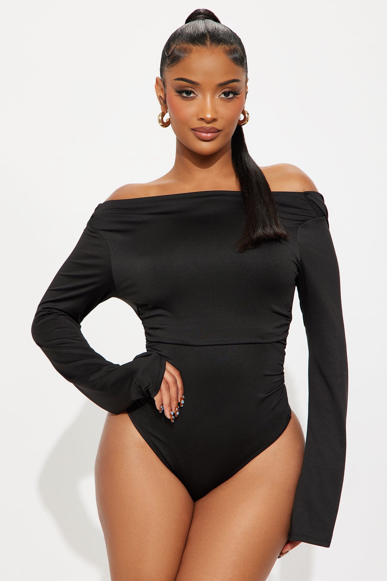 Edna Cowled Back Boat Neck Bodysuit - Black