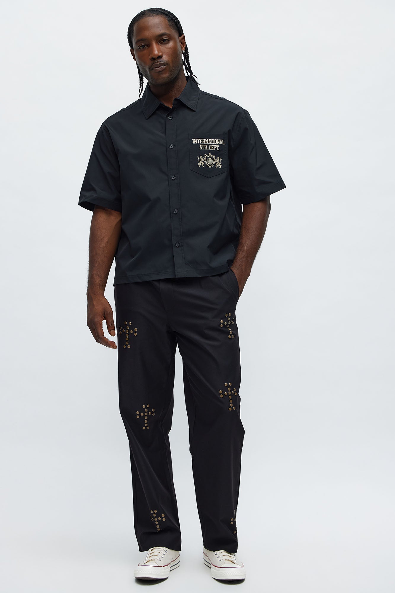 Cropped Athletic Dept. Short Sleeve Button Up Shirt - Black
