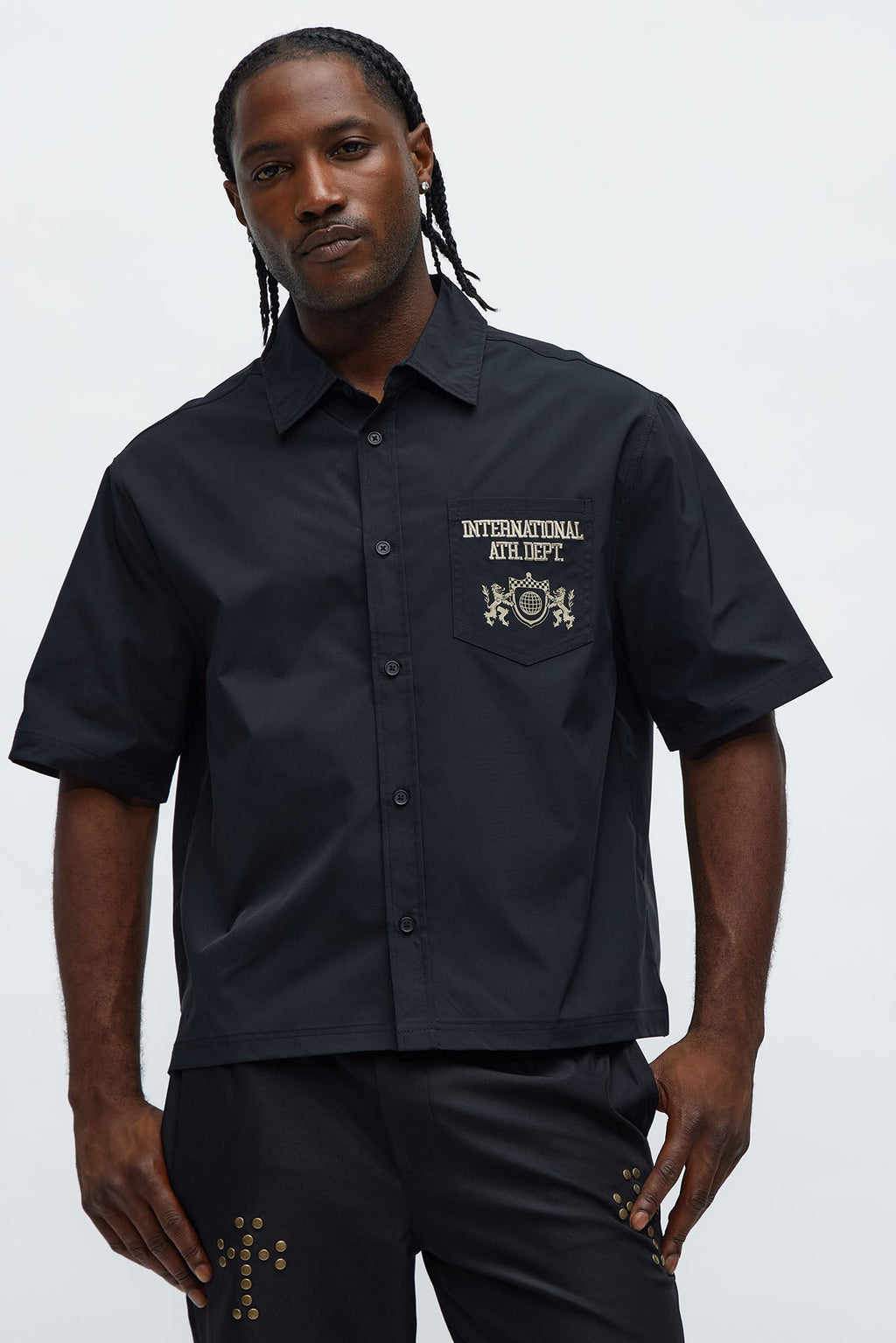 Cropped Athletic Dept. Short Sleeve Button Up Shirt - Black
