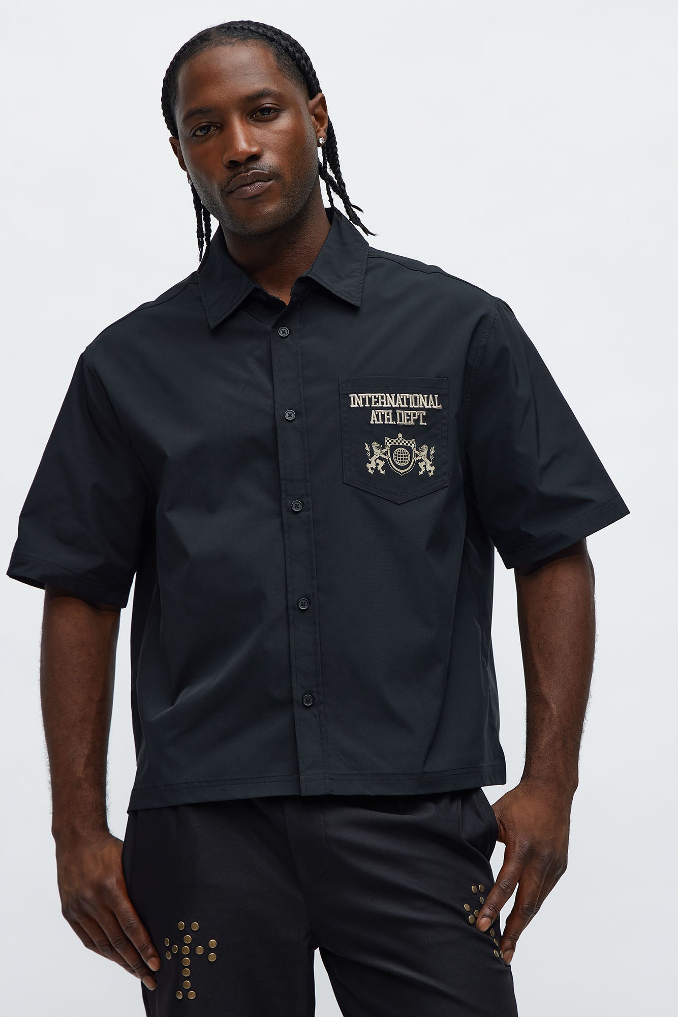 Cropped Athletic Dept. Short Sleeve Button Up Shirt - Black
