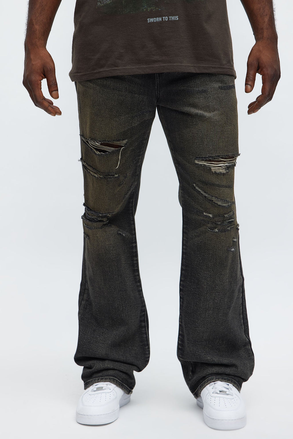 Stacked Slim Flare All Alone Distressed Jeans - Black Wash