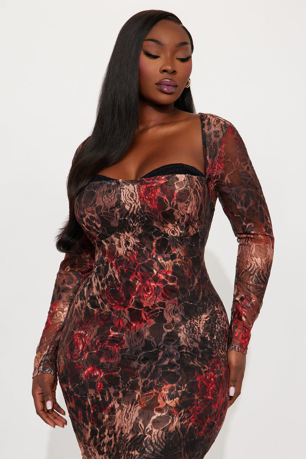 Sassy Long Sleeve Lace Midi Dress - Brown/combo