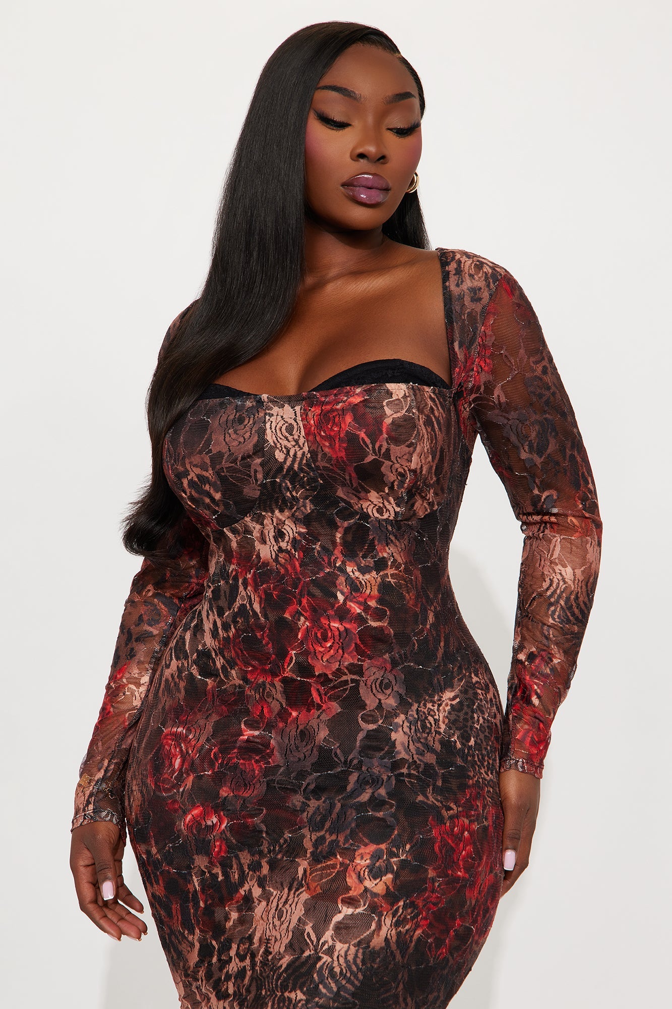 Sassy Long Sleeve Lace Midi Dress - Brown/combo