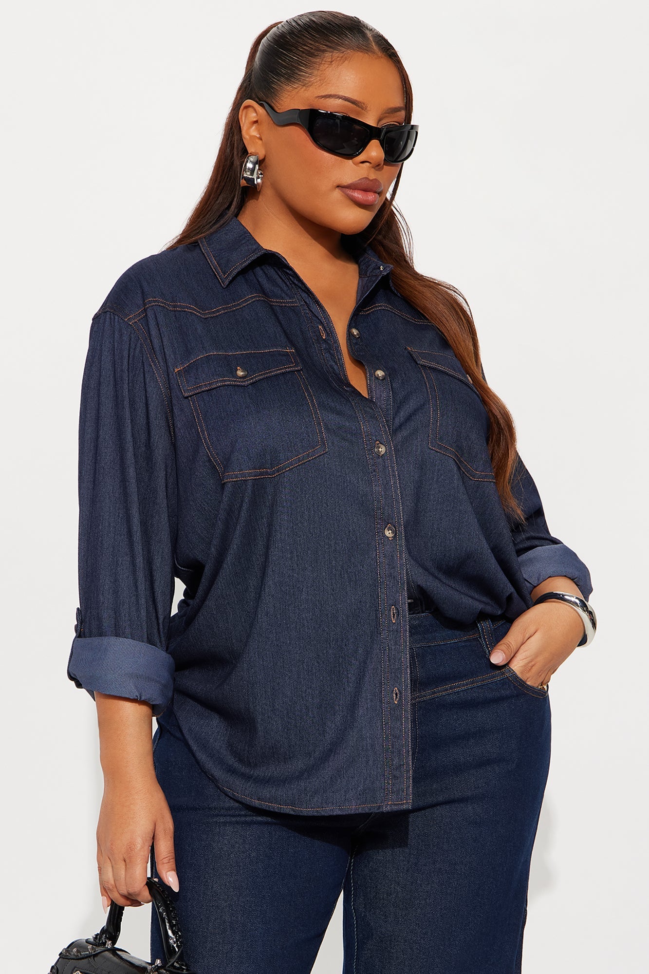 Piper Long Sleeve Button Up Denim Shirt - Dark Denim