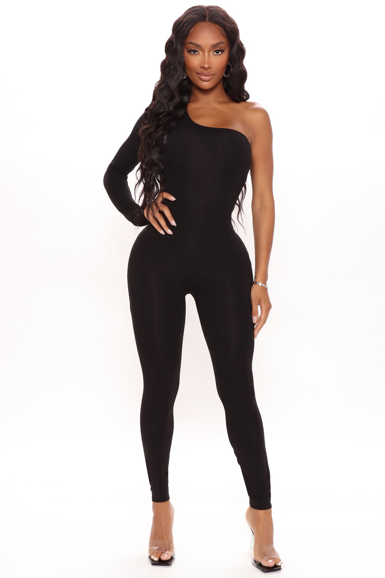 Nova Season Long Sleeve One Shoulder Jumpsuit - Black