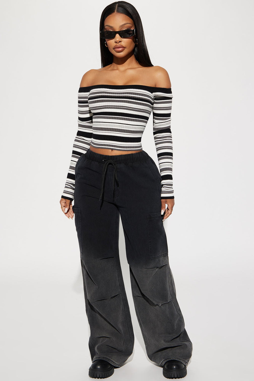 Madisyn Off Shoulder Striped Sweater - Black/combo