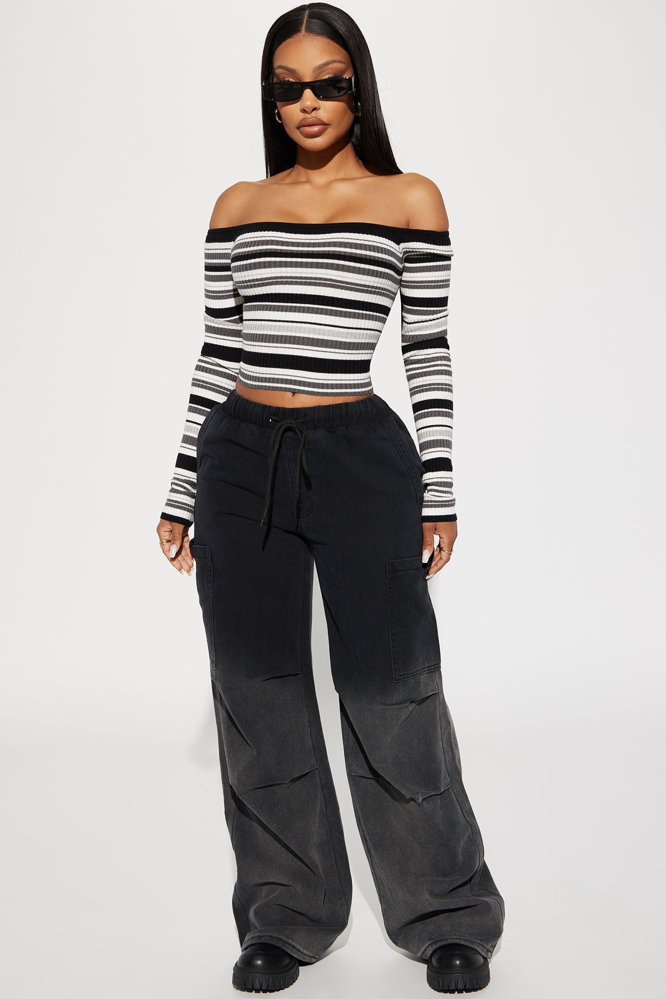Madisyn Off Shoulder Striped Sweater - Black/combo