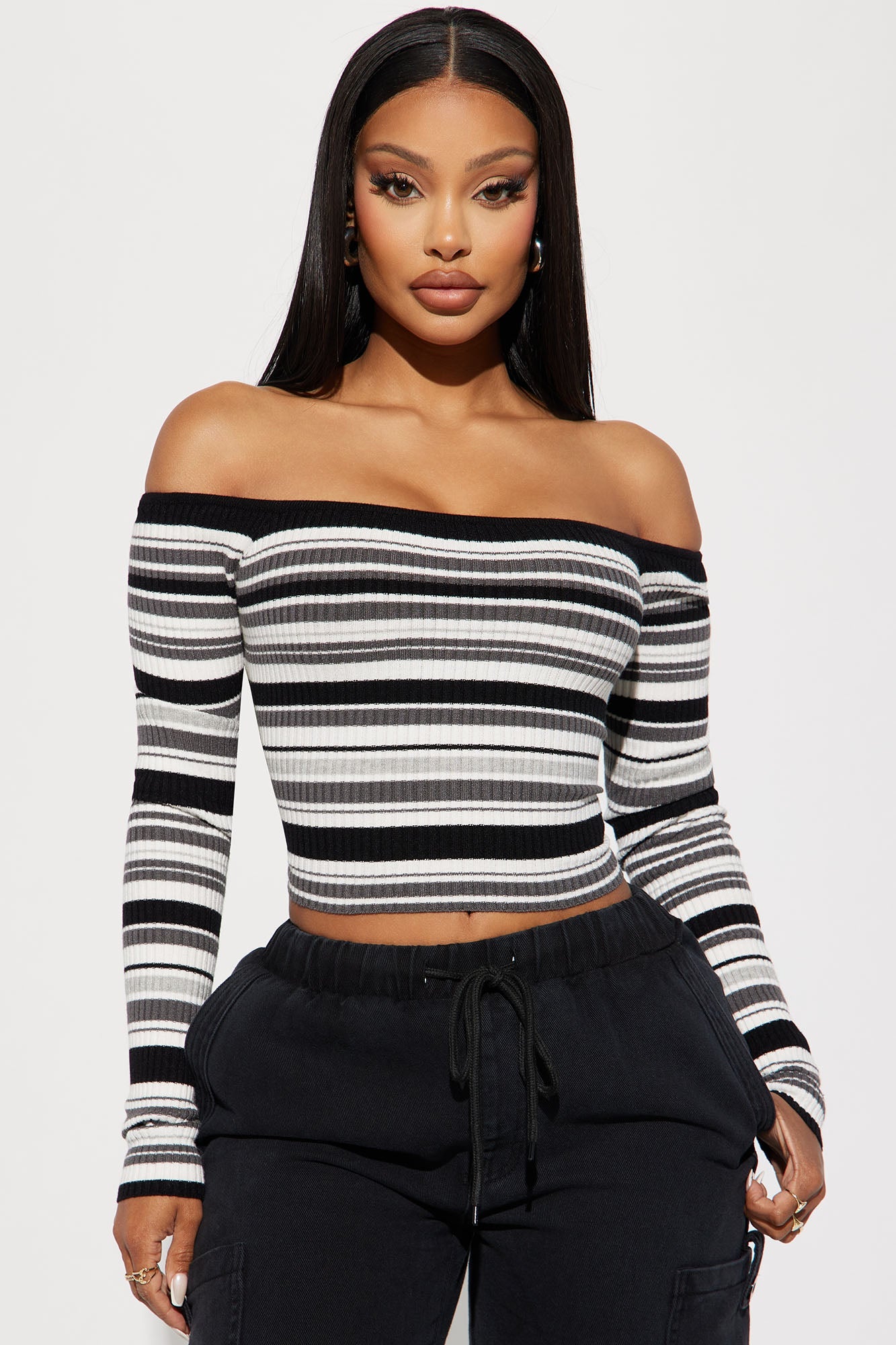 Madisyn Off Shoulder Striped Sweater - Black/combo