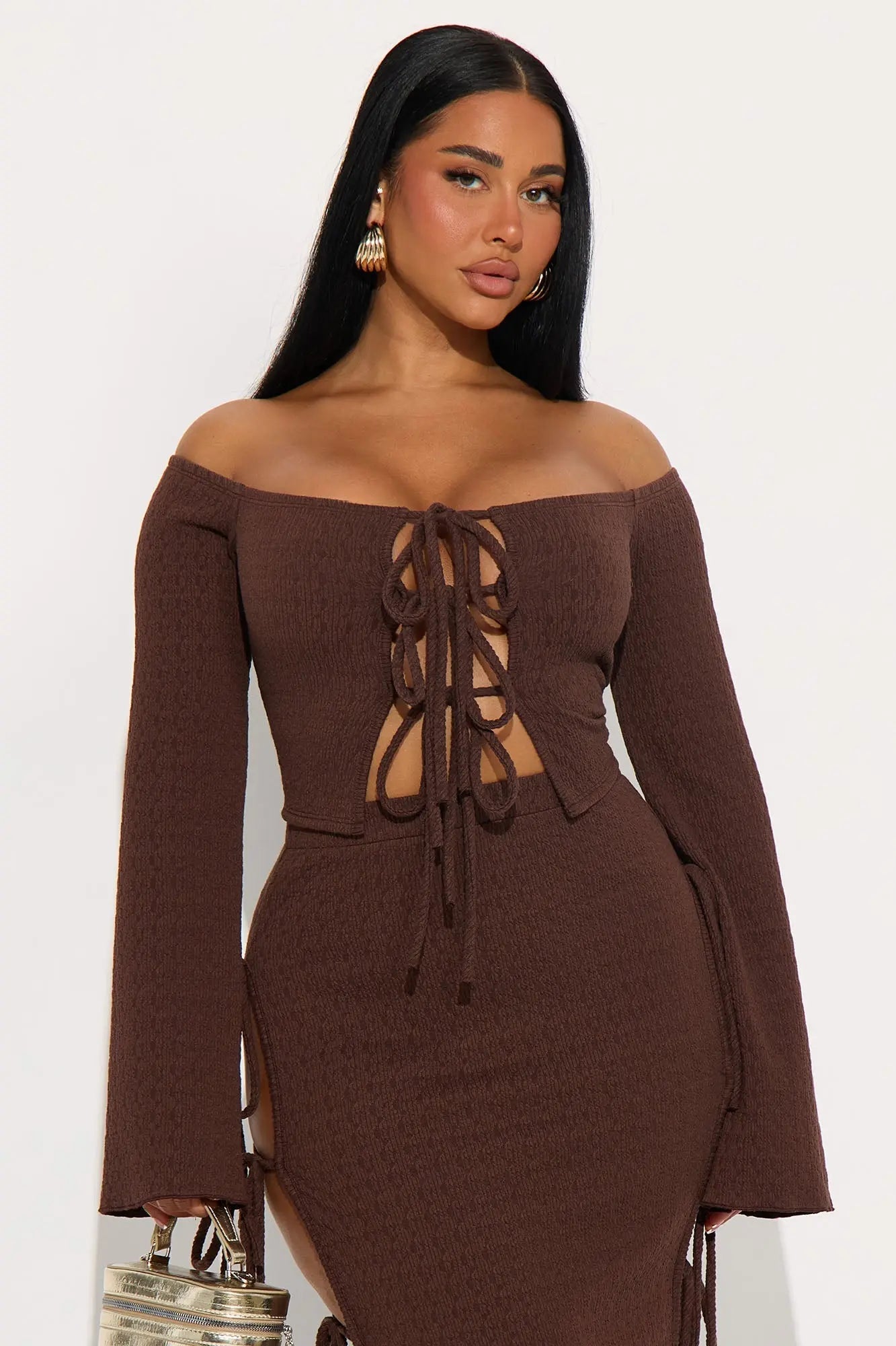 Perfectly Situated Textured Knit Maxi Skirt Set - Brown 