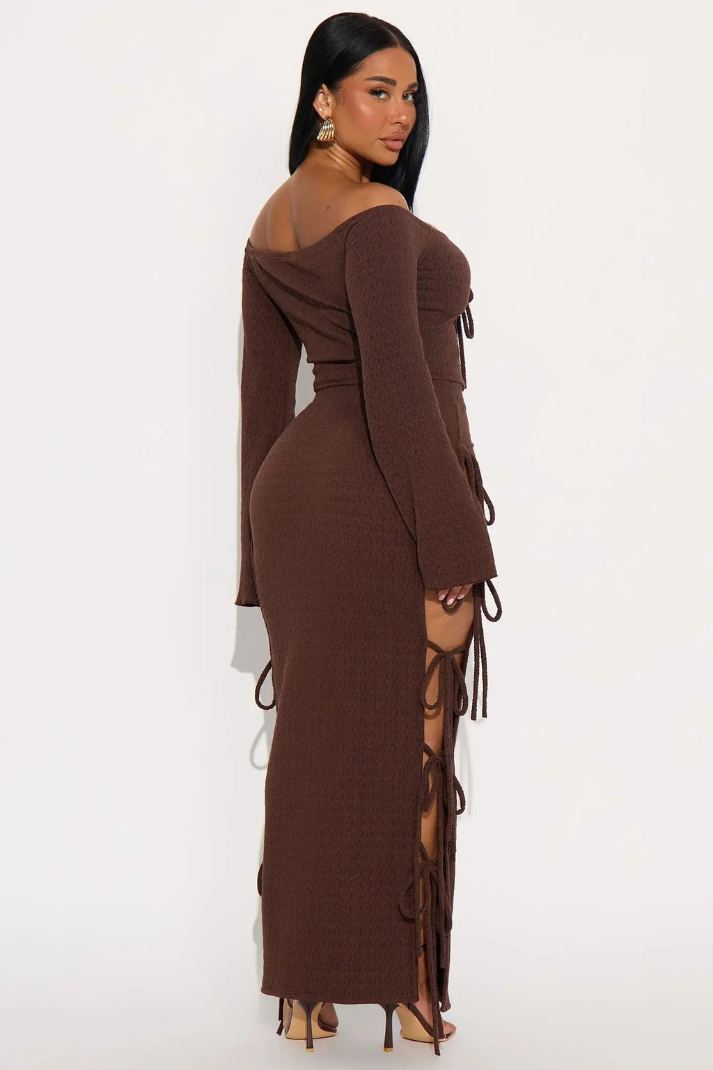 Perfectly Situated Textured Knit Maxi Skirt Set - Brown 