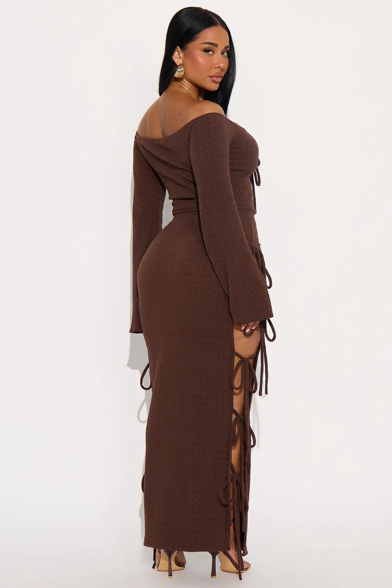 Perfectly Situated Textured Knit Maxi Skirt Set - Brown 