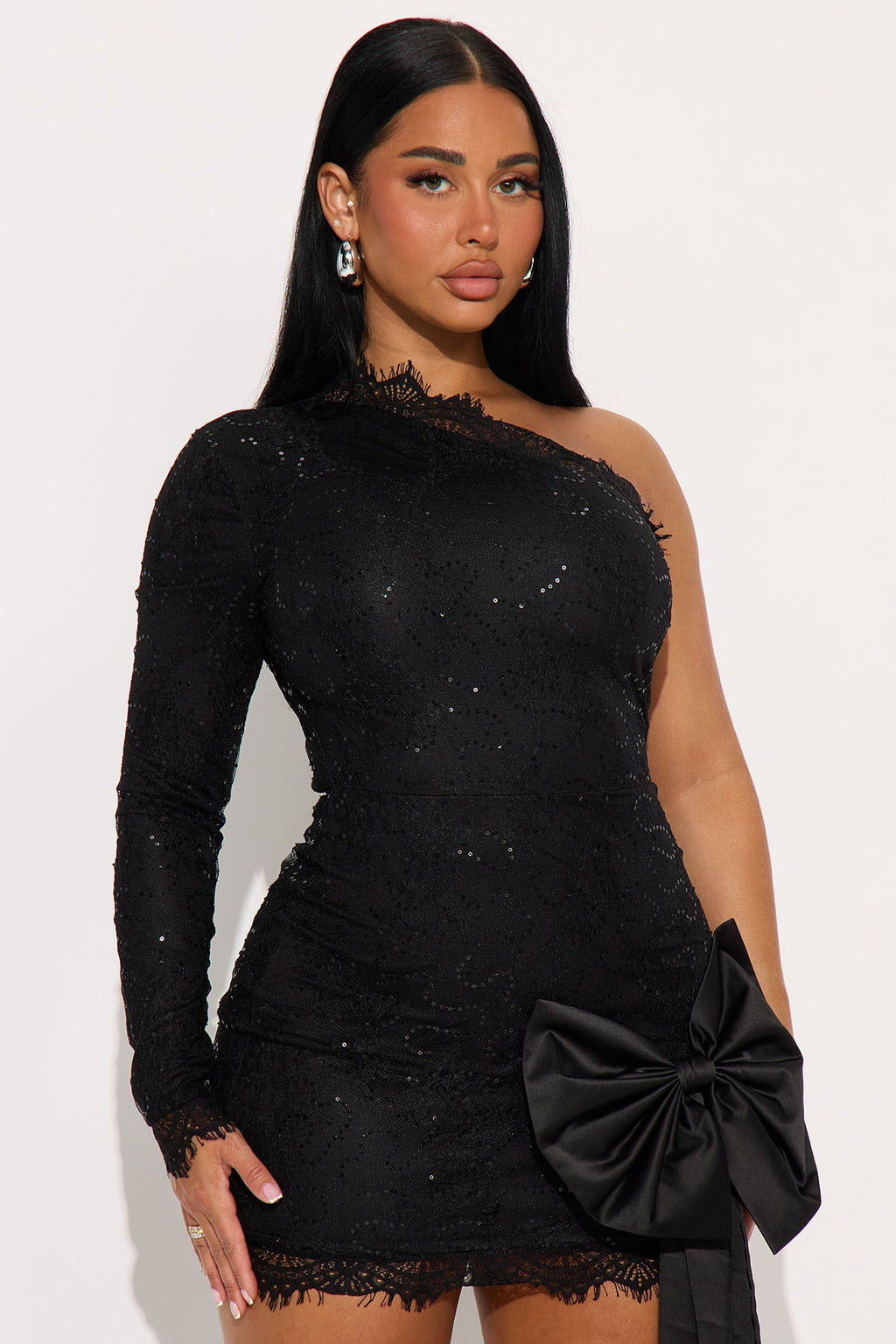 Miranda Sequin Lace Bow Mini Dress - Black