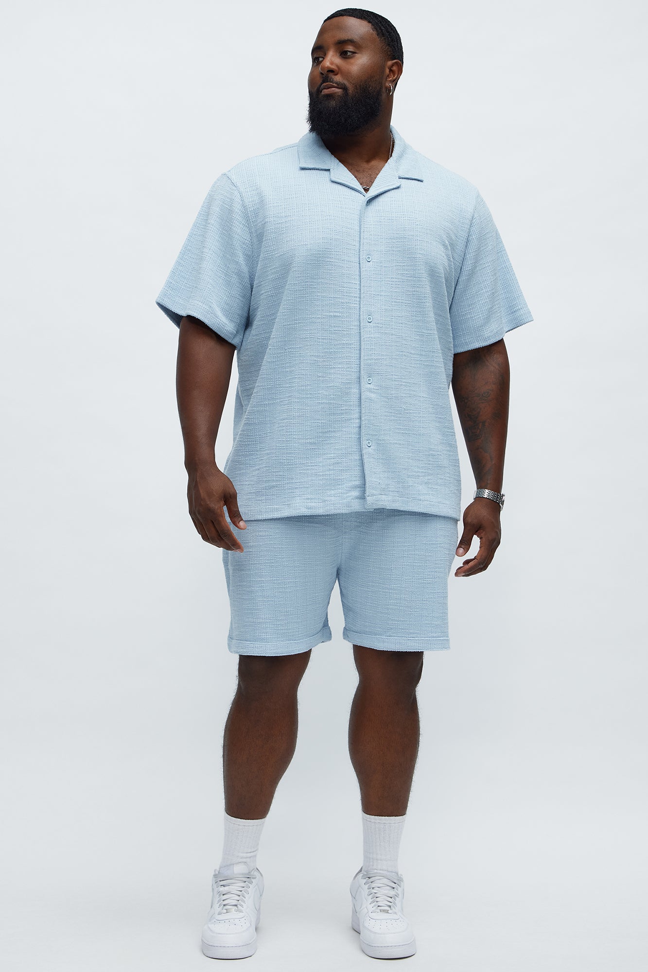 Dean Textured Short Sleeve Button Up Shirt - Light Blue