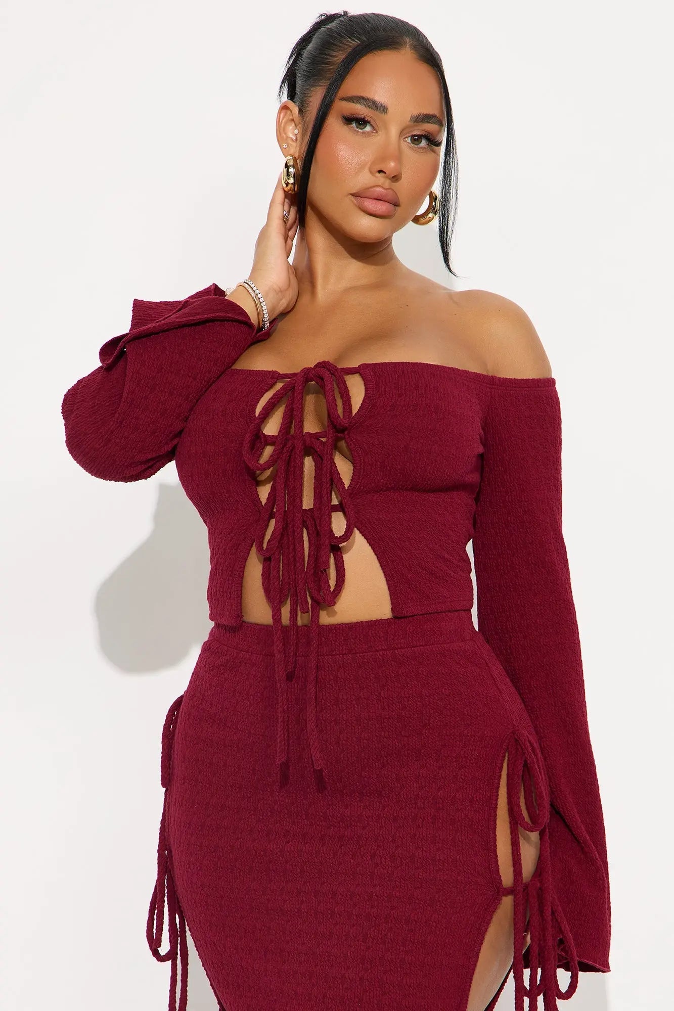 Perfectly Situated Textured Knit Maxi Skirt Set - Wine 
