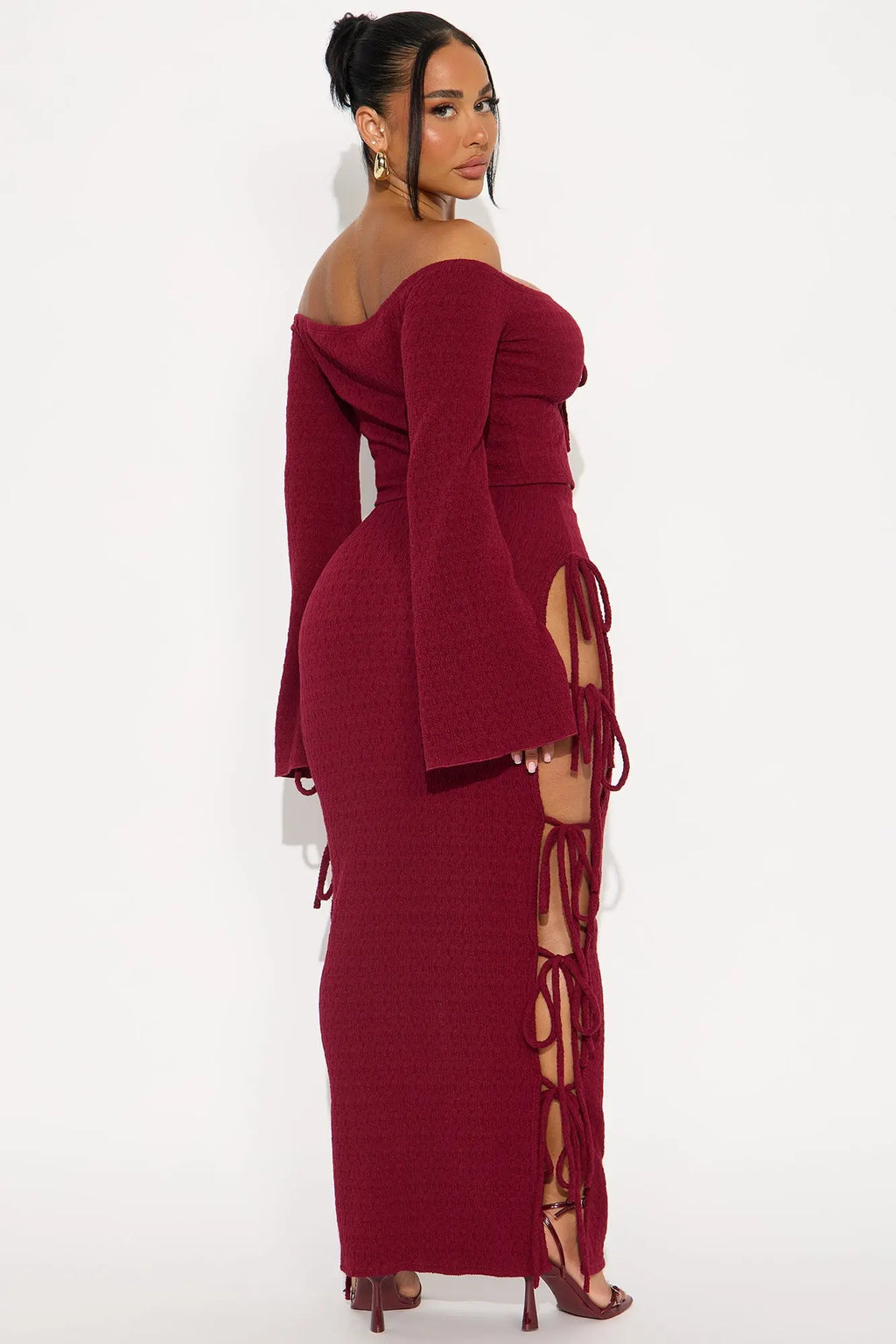 Perfectly Situated Textured Knit Maxi Skirt Set - Wine 