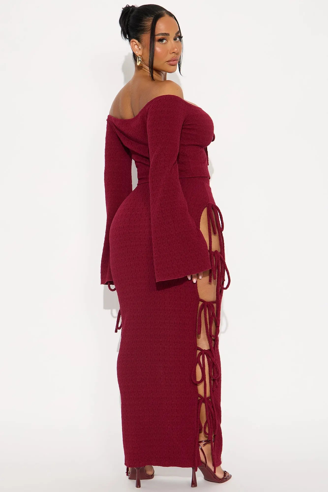 Perfectly Situated Textured Knit Maxi Skirt Set - Wine 