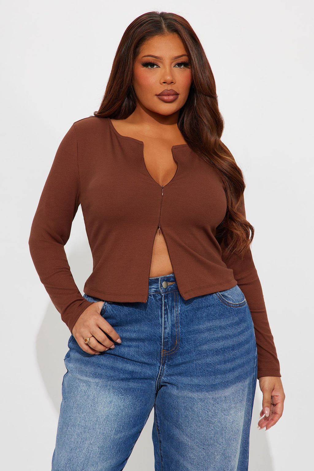 Girl Power Zip Front Ribbed Long Sleeve Top - Rust