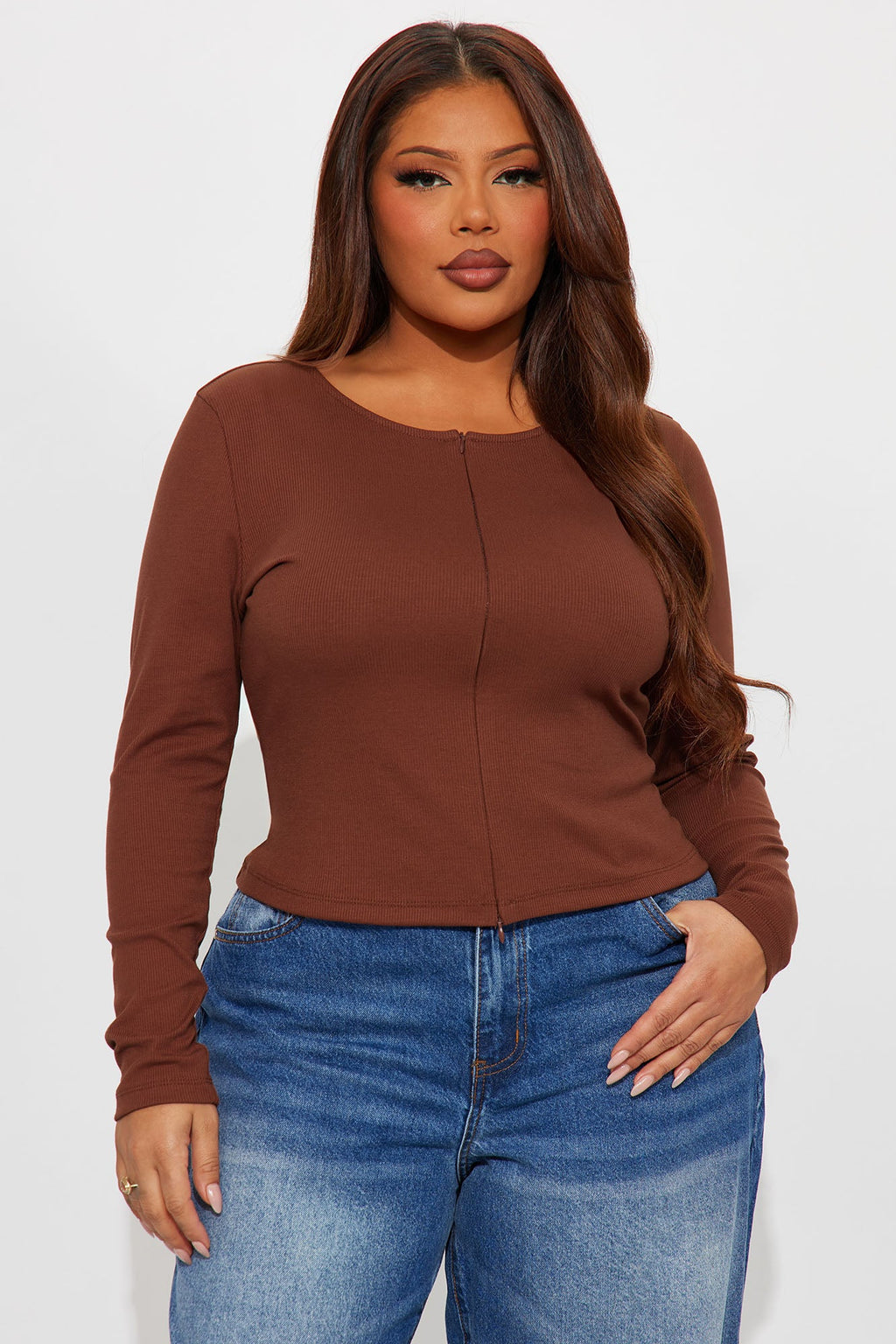 Girl Power Zip Front Ribbed Long Sleeve Top - Rust