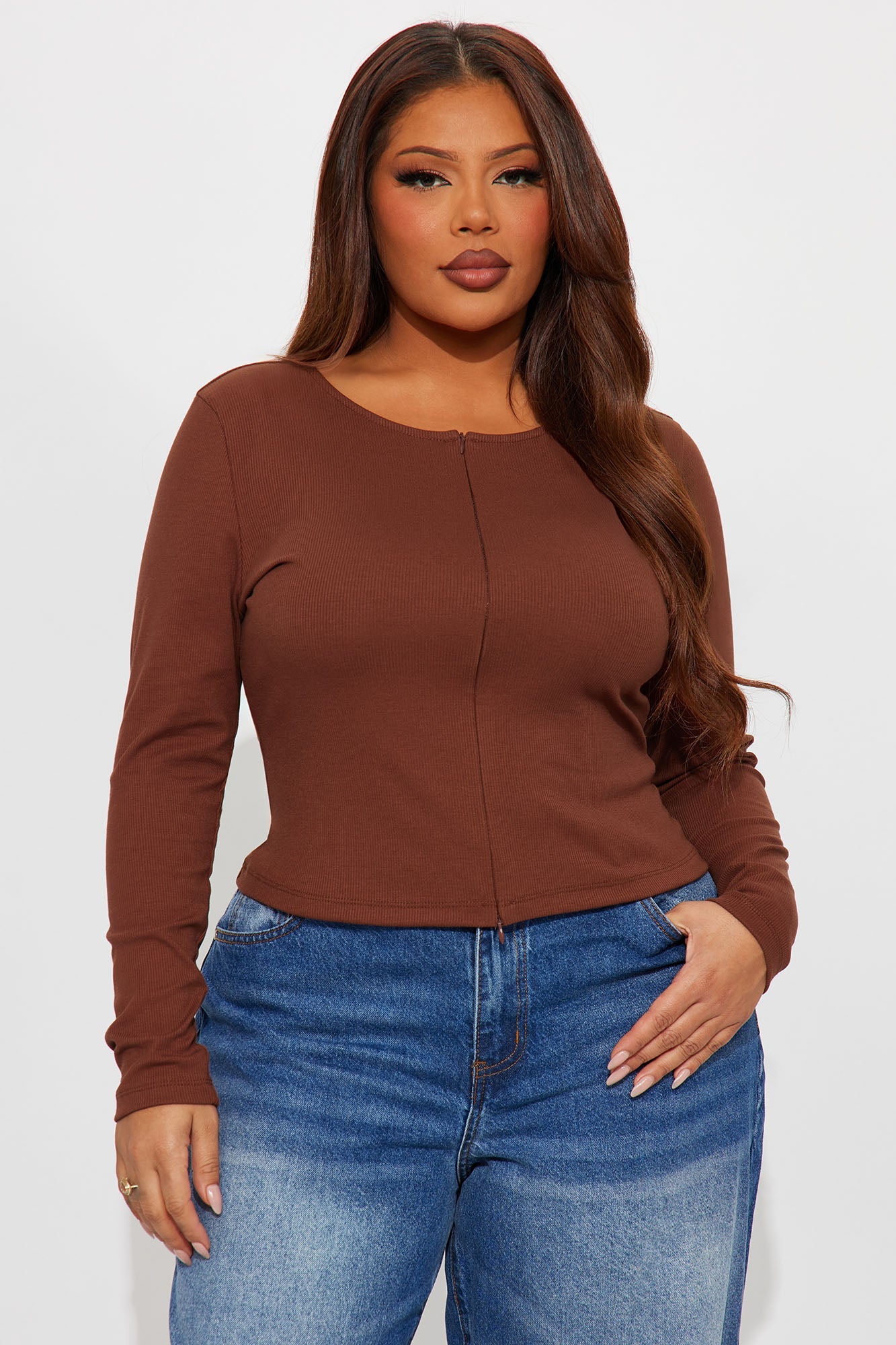 Girl Power Zip Front Ribbed Long Sleeve Top - Rust