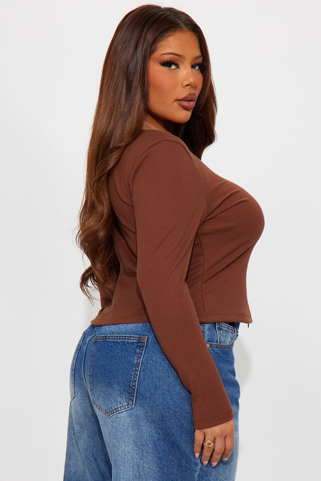 Girl Power Zip Front Ribbed Long Sleeve Top - Rust
