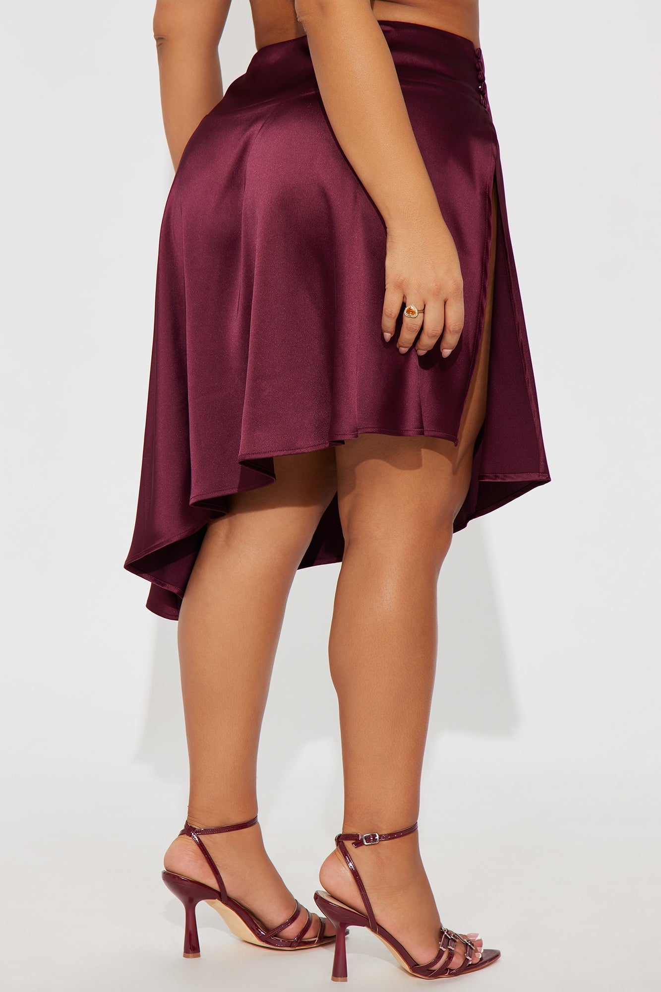 Camille Asymmetrical Satin Midi Skirt - Burgundy