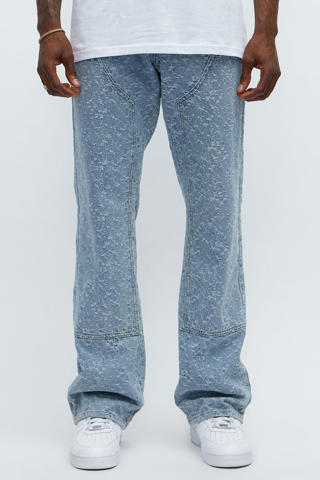 Stacked Slim Flare Frosty Jacquard Carpenter Jeans - Light Blue Wash