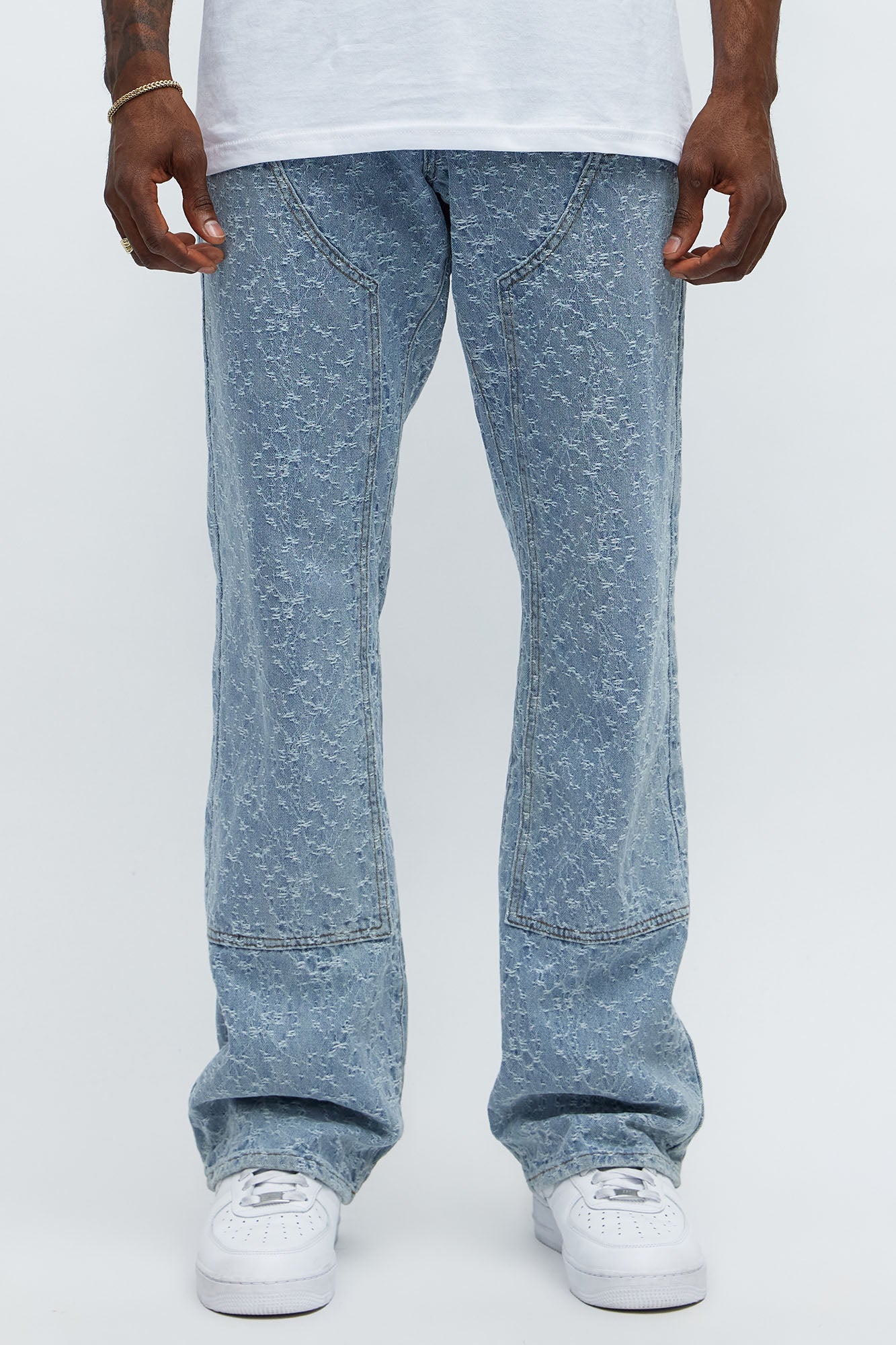 Stacked Slim Flare Frosty Jacquard Carpenter Jeans - Light Blue Wash