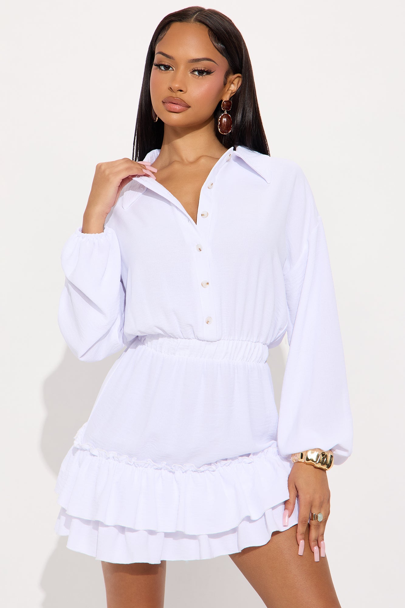 Trina Airflow Long Sleeve Mini Dress - White