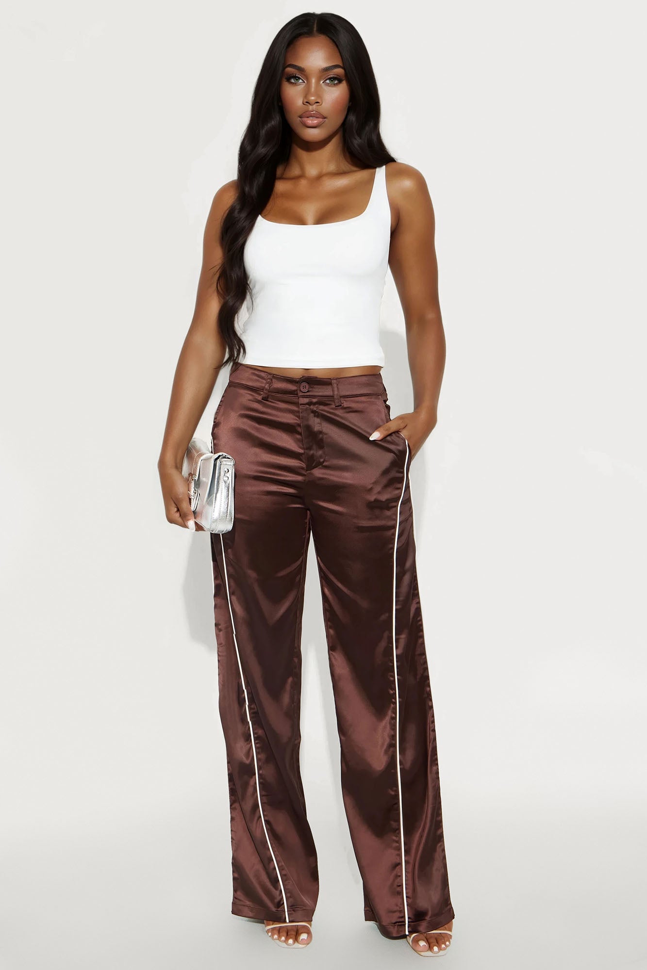 Keep Up With Me Satin Wide Leg Track Pant 33 - Chocolate/Combo