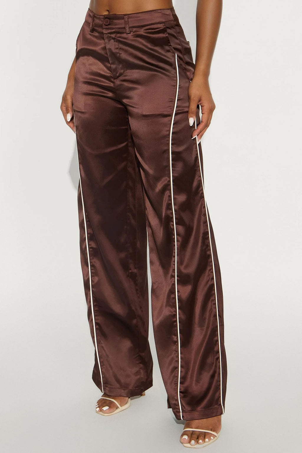Keep Up With Me Satin Wide Leg Track Pant 33 - Chocolate/Combo
