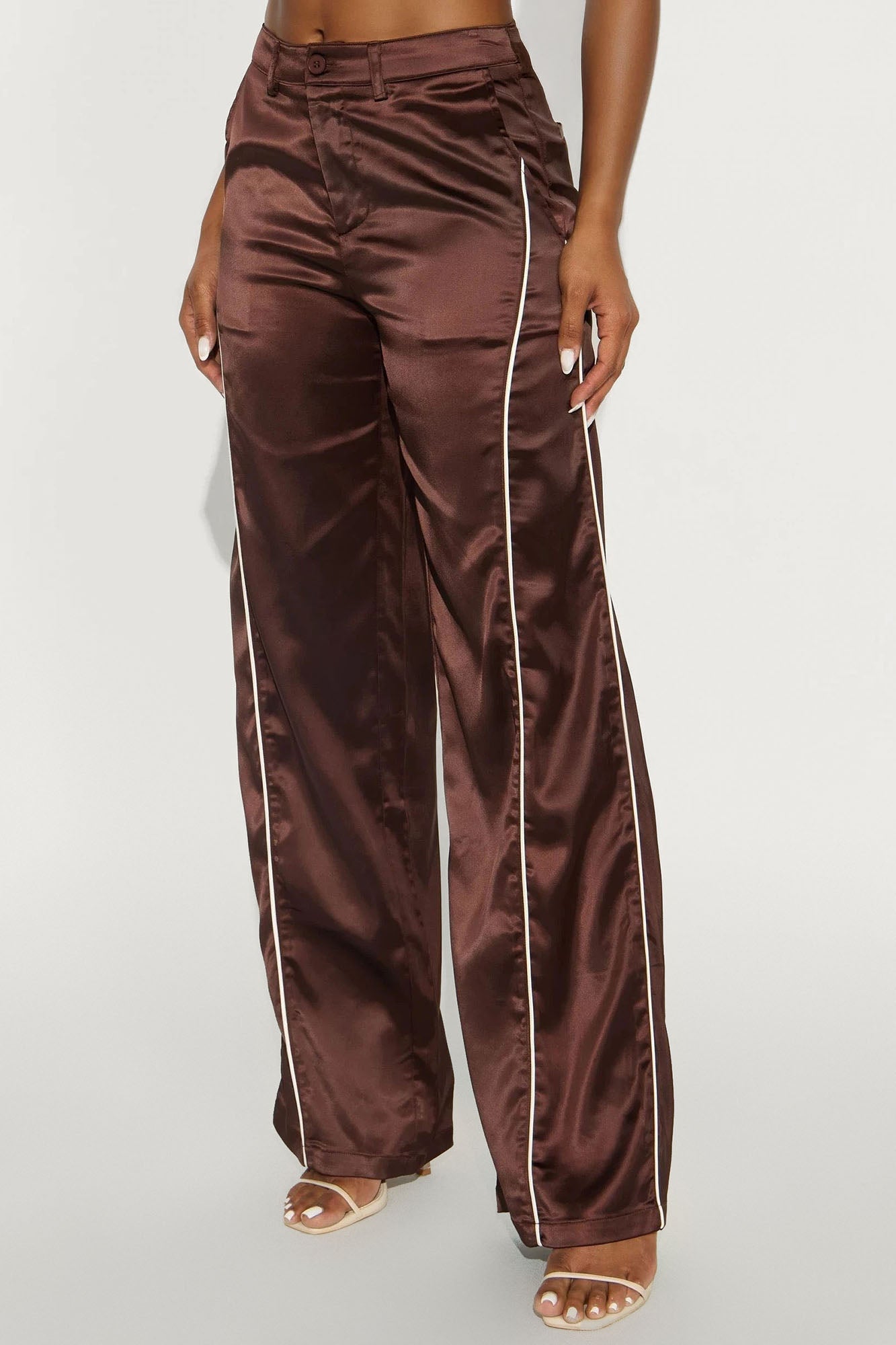 Keep Up With Me Satin Wide Leg Track Pant 33 - Chocolate/Combo