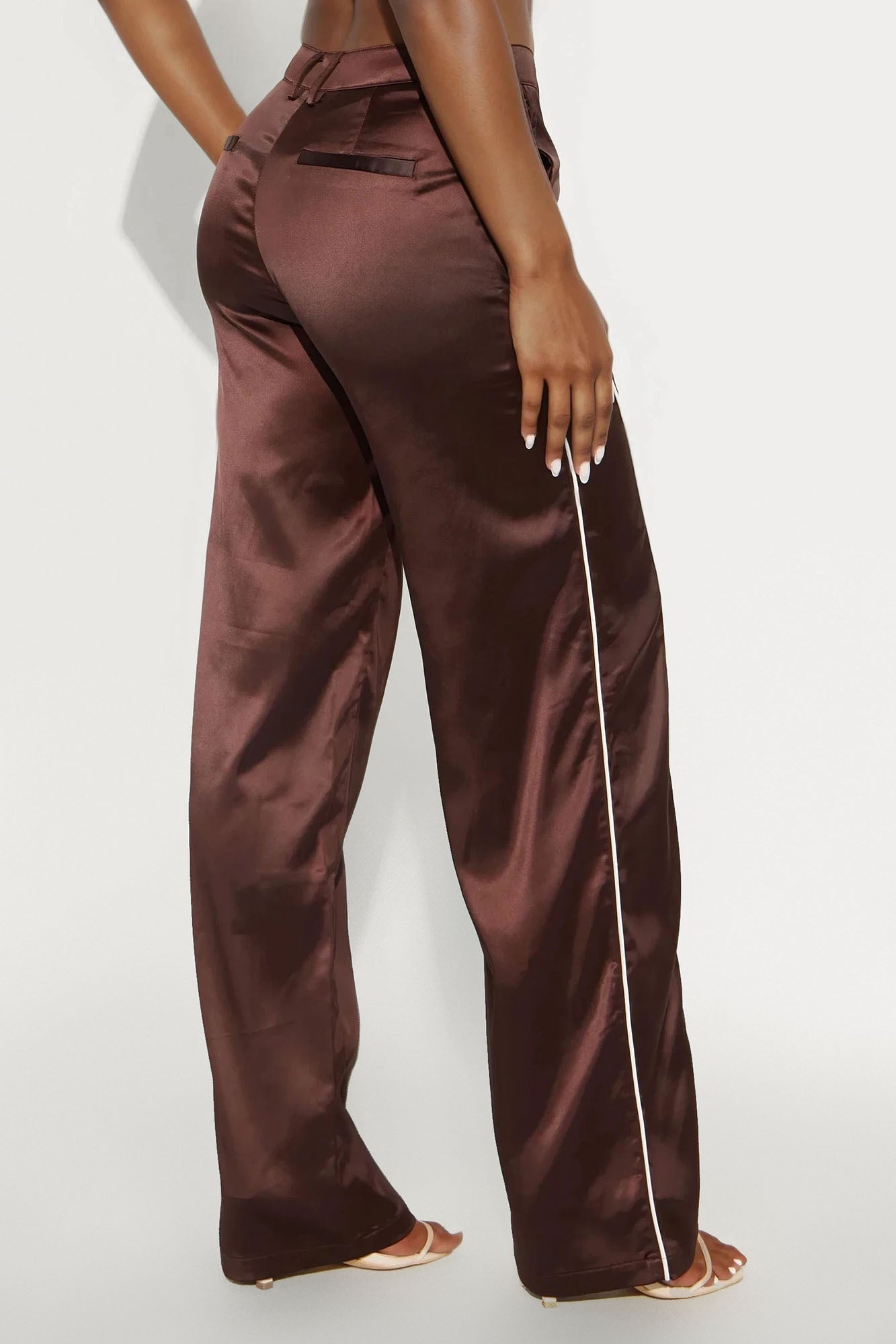 Keep Up With Me Satin Wide Leg Track Pant 33 - Chocolate/Combo