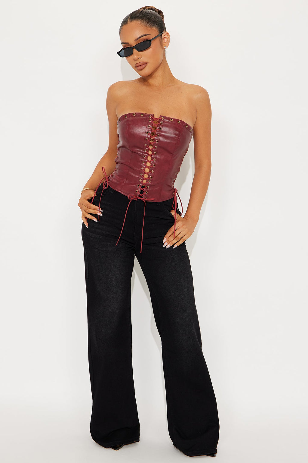 A Piece Of Work Faux Leather Lace Up Top - Burgundy