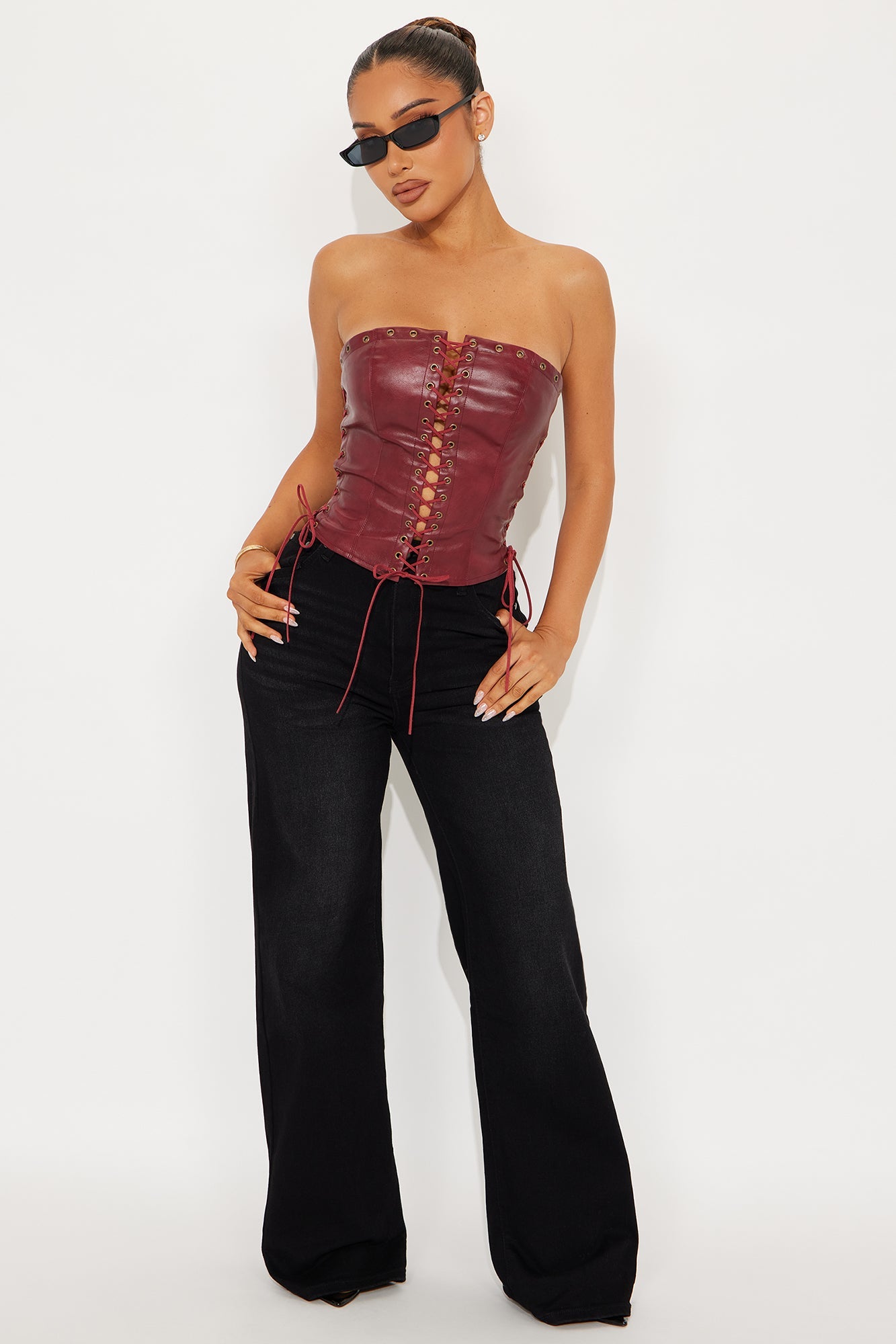 A Piece Of Work Faux Leather Lace Up Top - Burgundy
