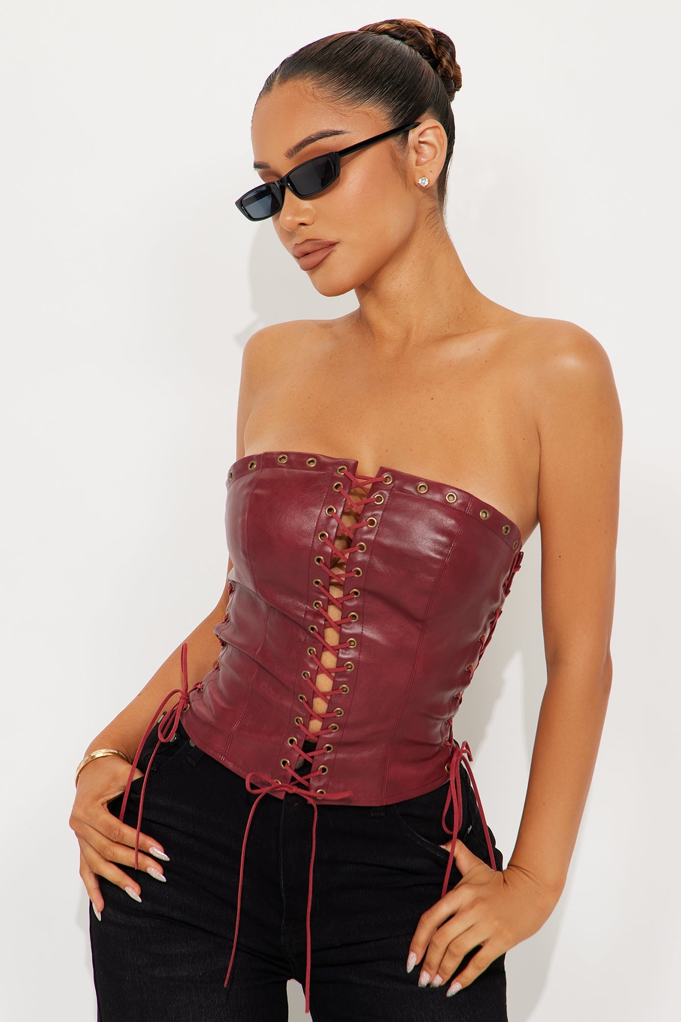 A Piece Of Work Faux Leather Lace Up Top - Burgundy