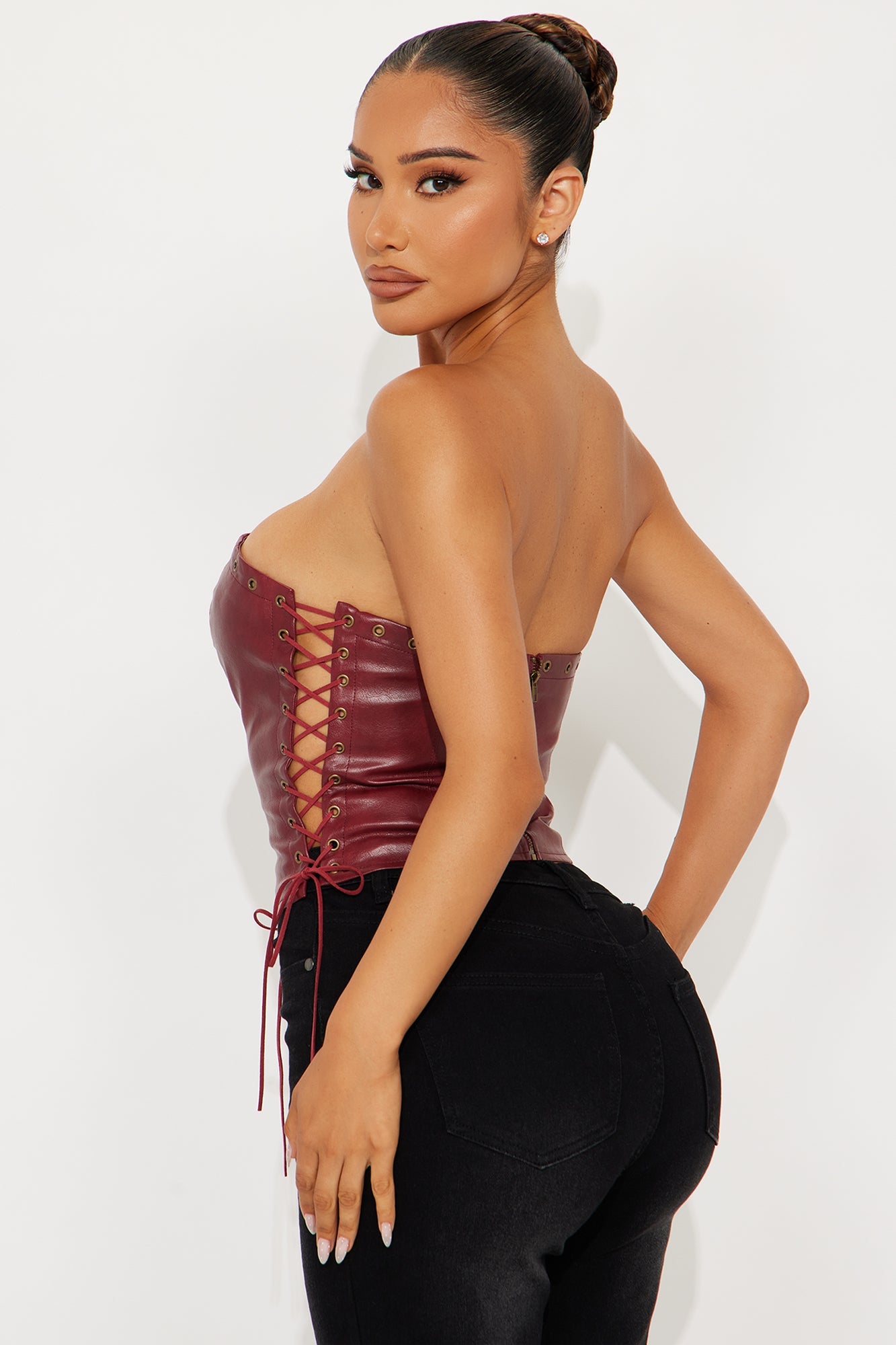 A Piece Of Work Faux Leather Lace Up Top - Burgundy