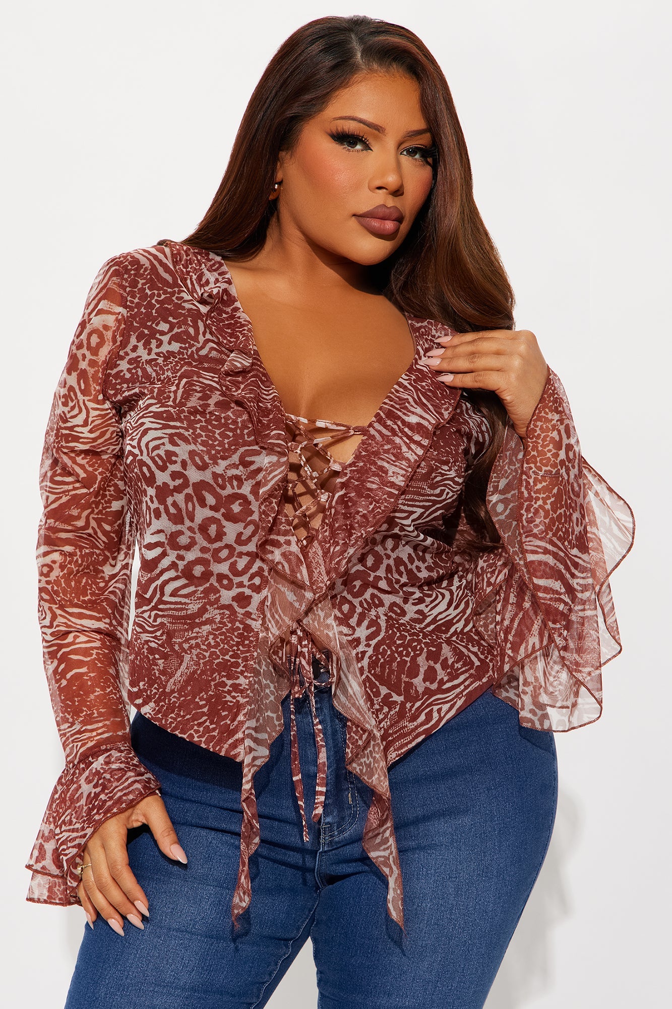 Retreat Ruffle Long Sleeve Mesh Top - Leopard