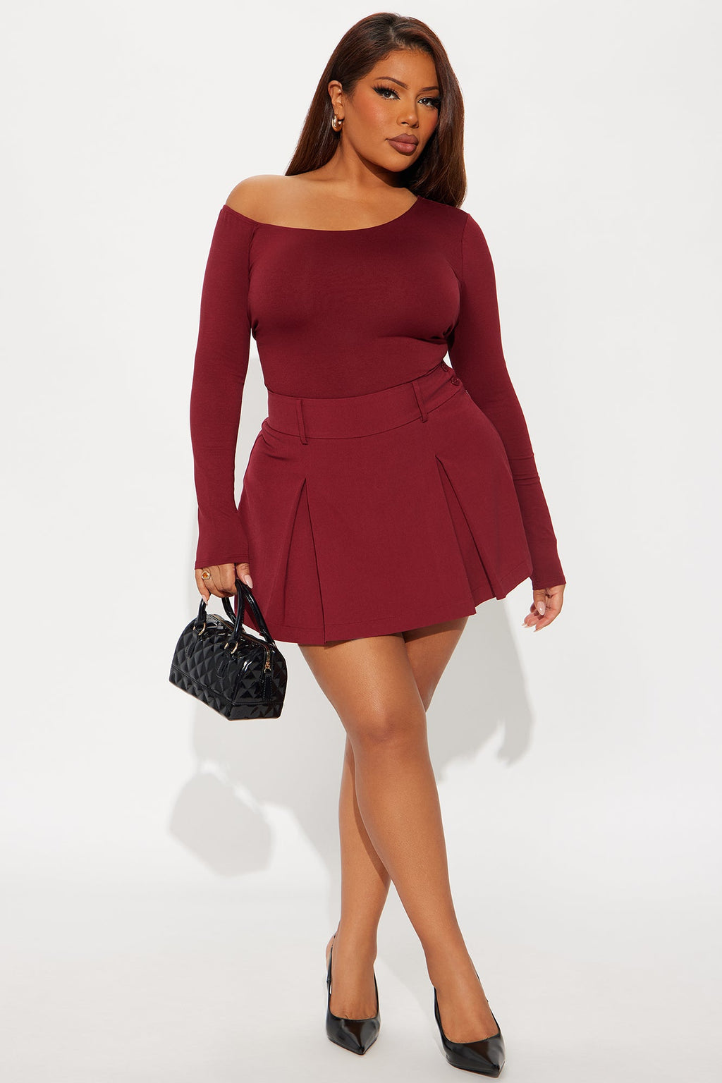 Alicia Double Waistband Pleated Skort - Wine