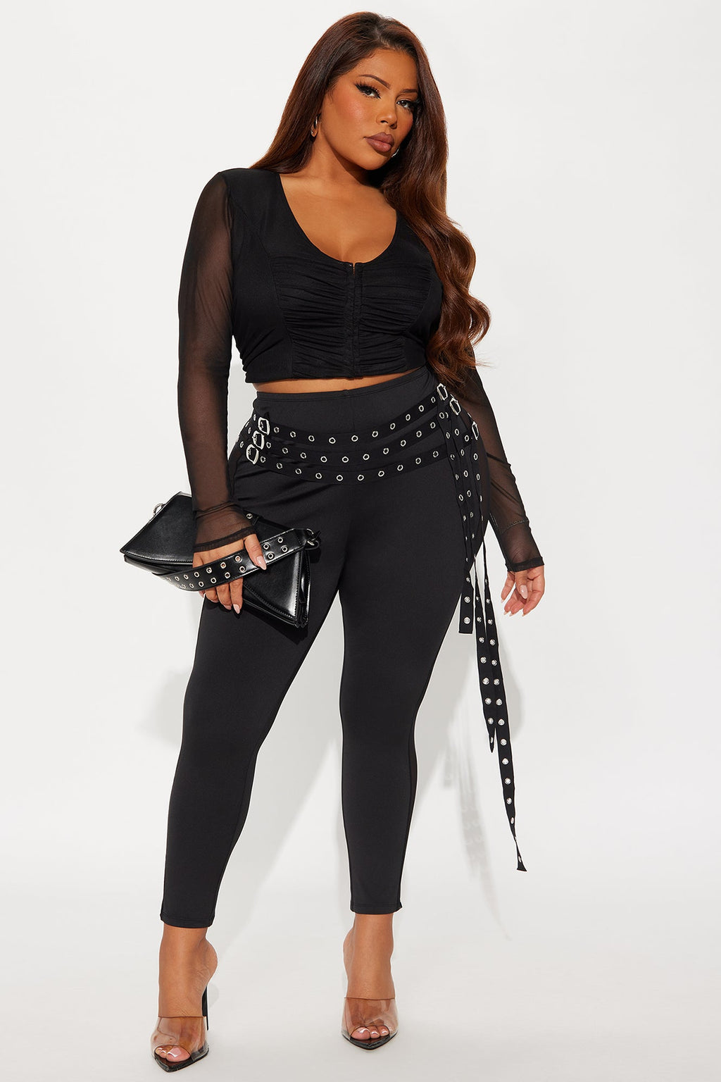 Gia Belted Mesh Capri Legging - Black