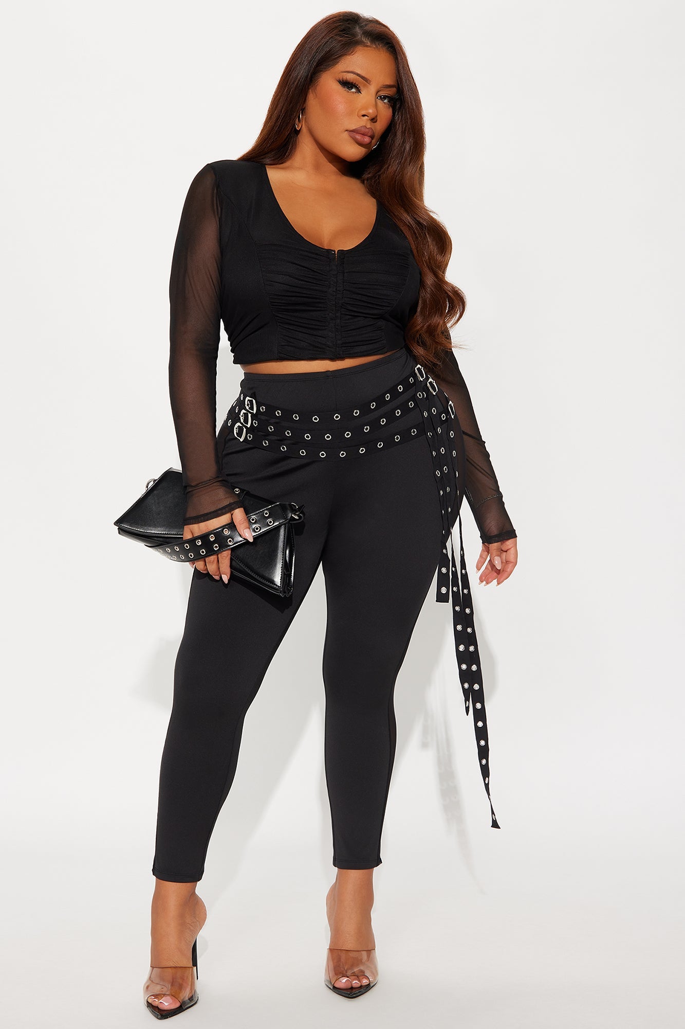 Gia Belted Mesh Capri Legging - Black
