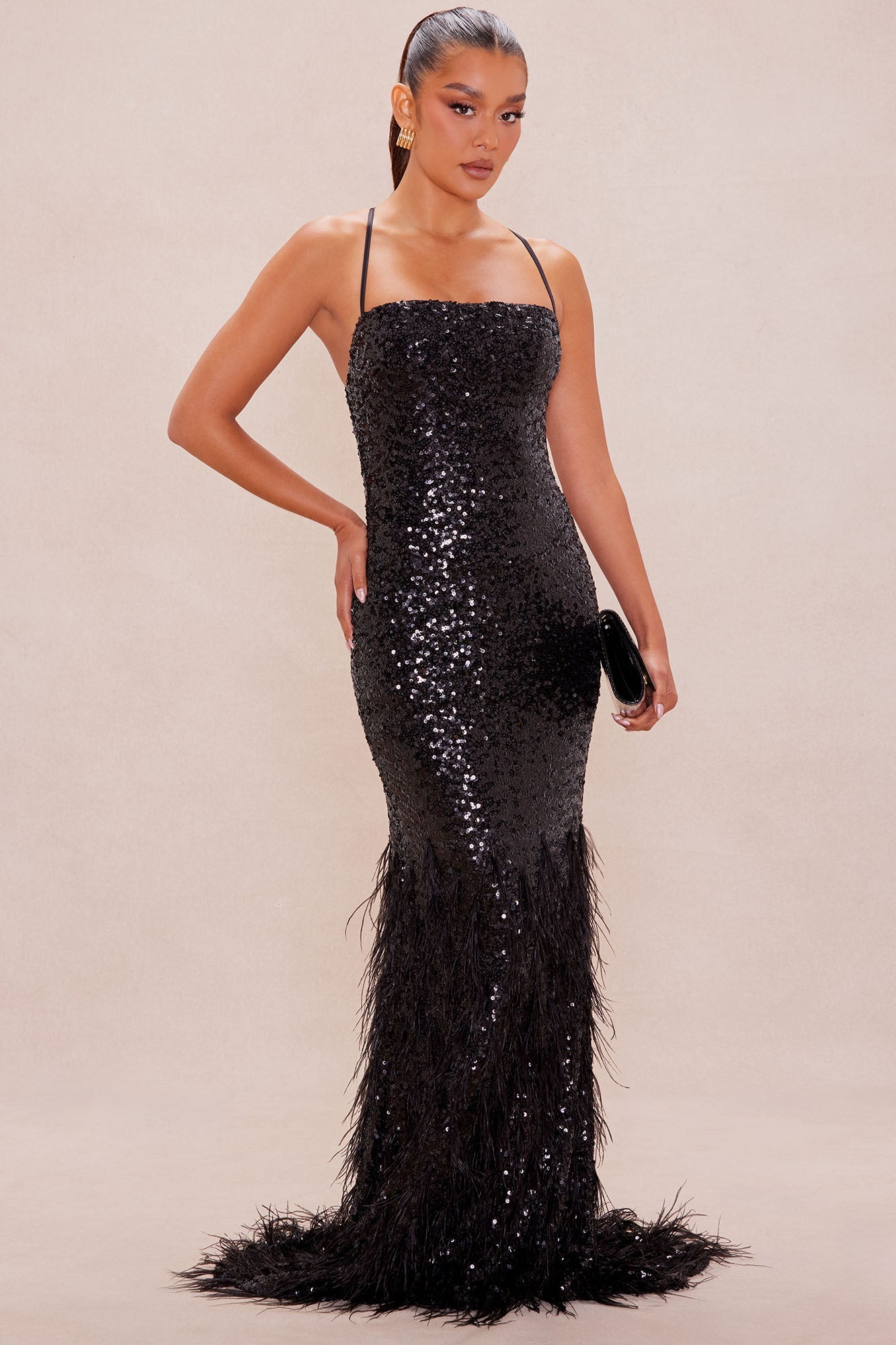 Davina Feathered Sequin Maxi Dress - Black