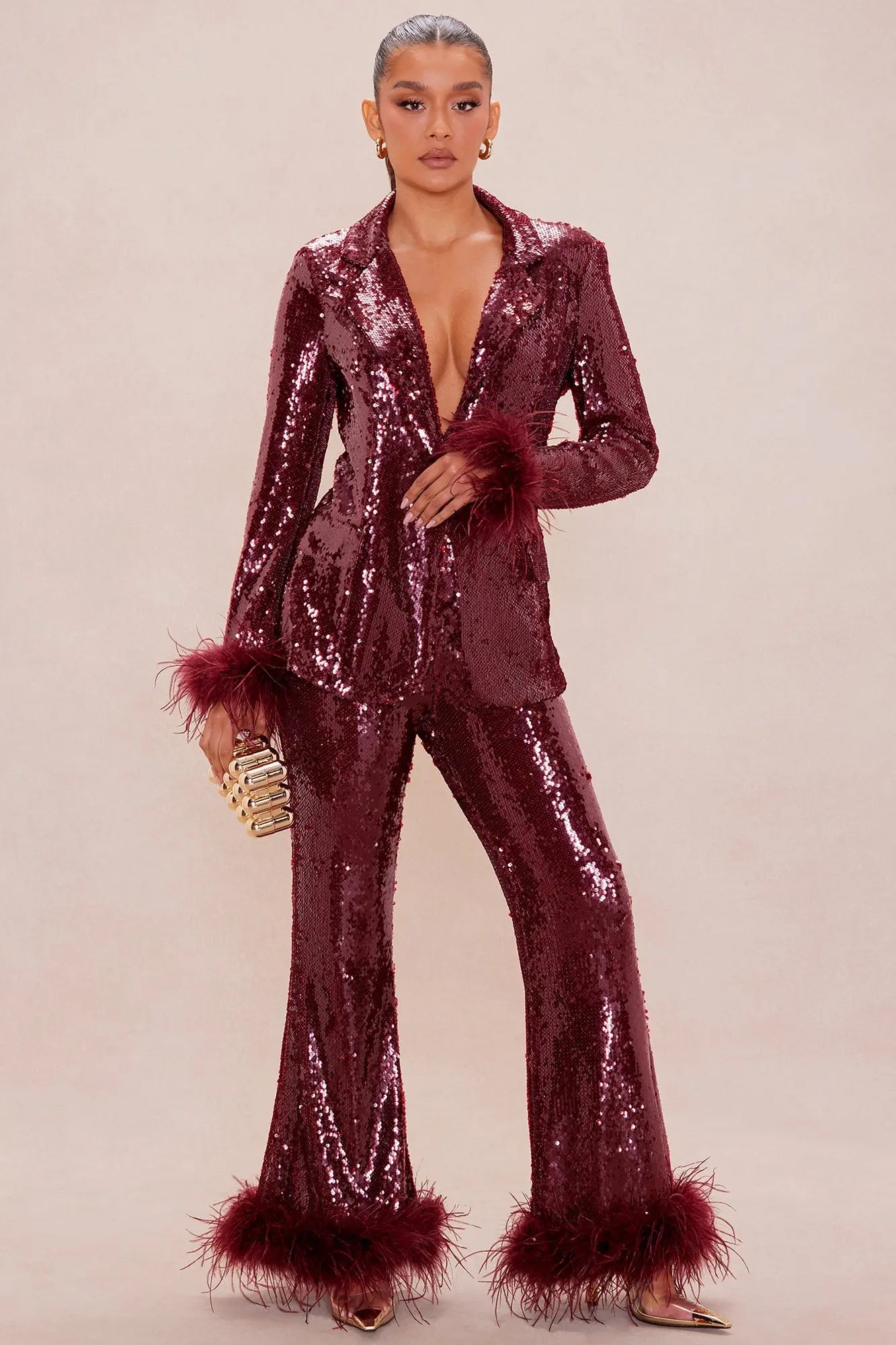 Sienna Feathered Sequin Blazer - Burgundy 