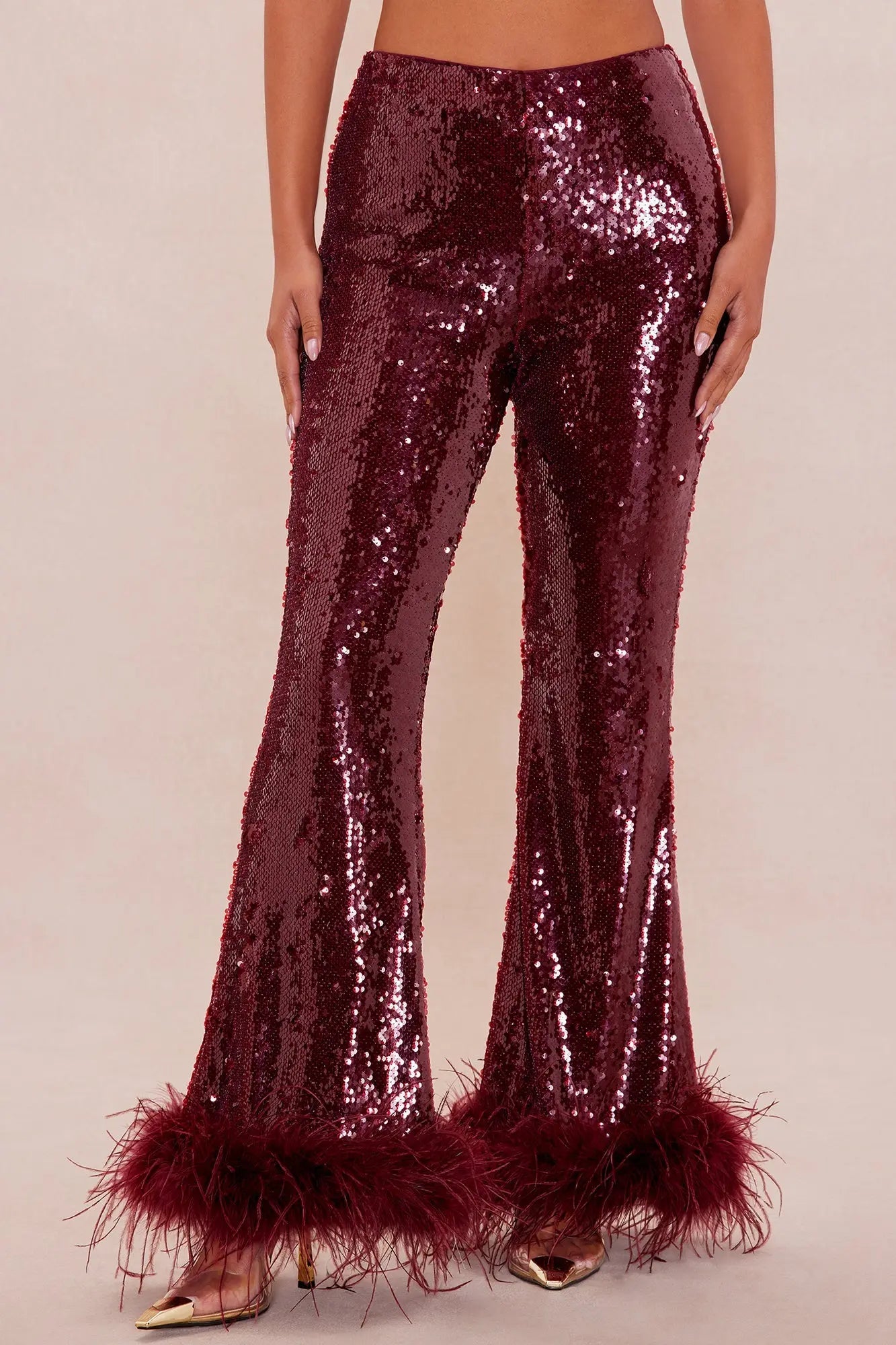 Gaia Feathered Sequin Pant - Burgundy 
