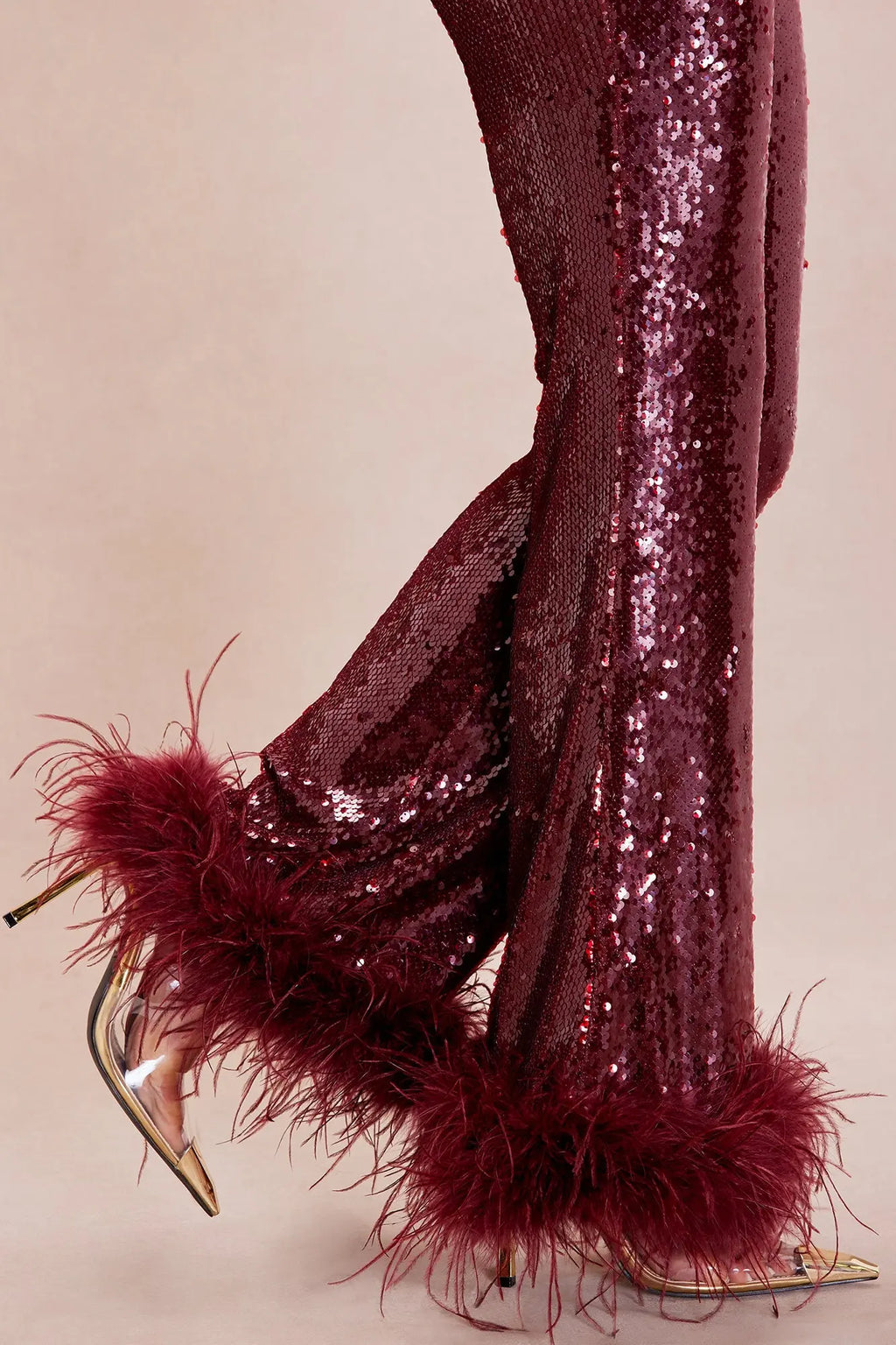 Gaia Feathered Sequin Pant - Burgundy 