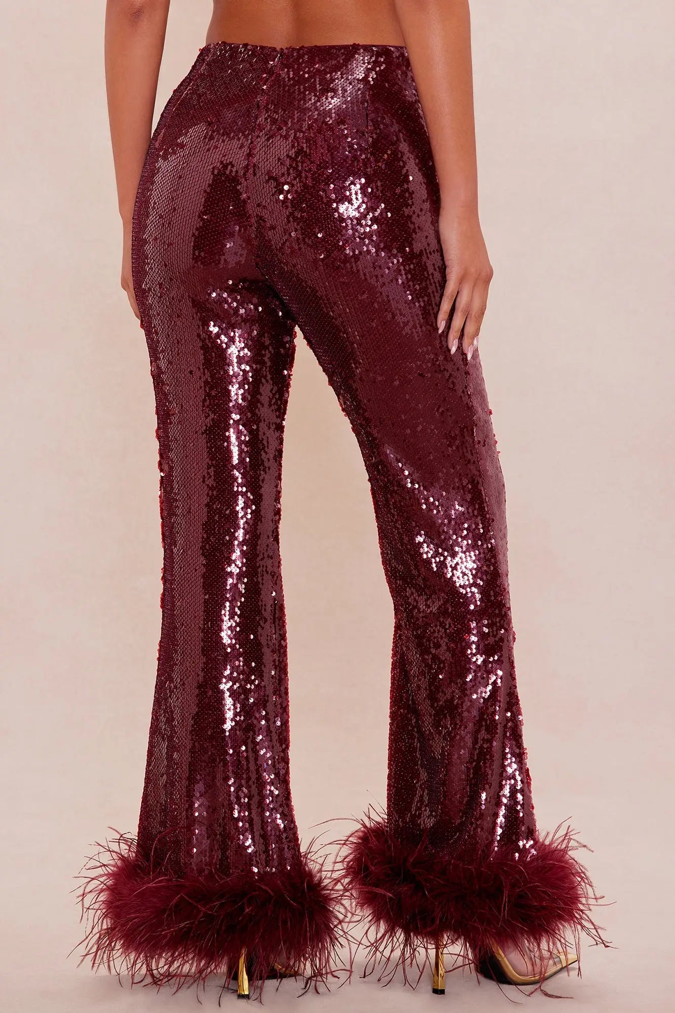 Gaia Feathered Sequin Pant - Burgundy 