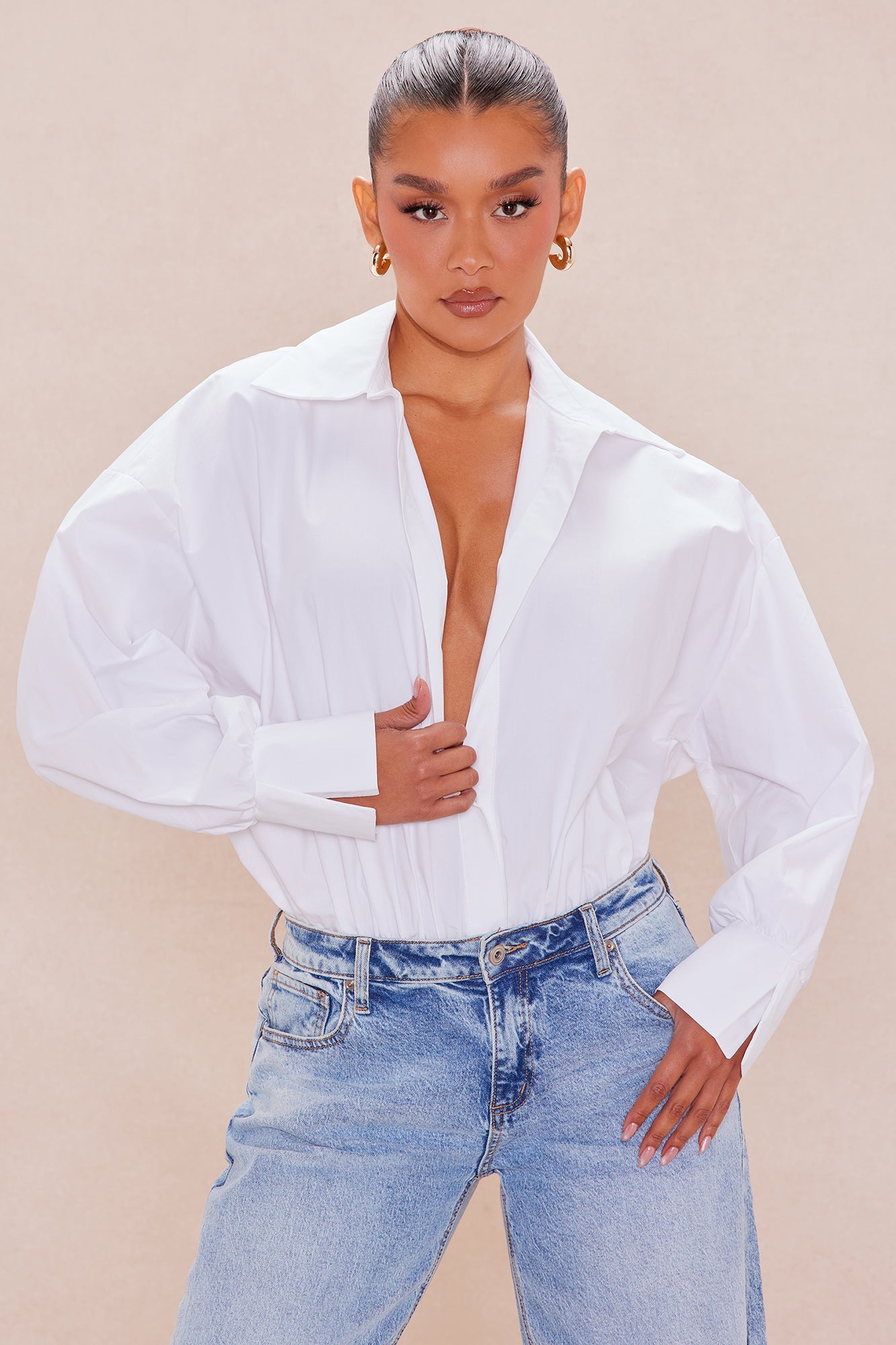 Leonie Poplin Collared Bodysuit - White