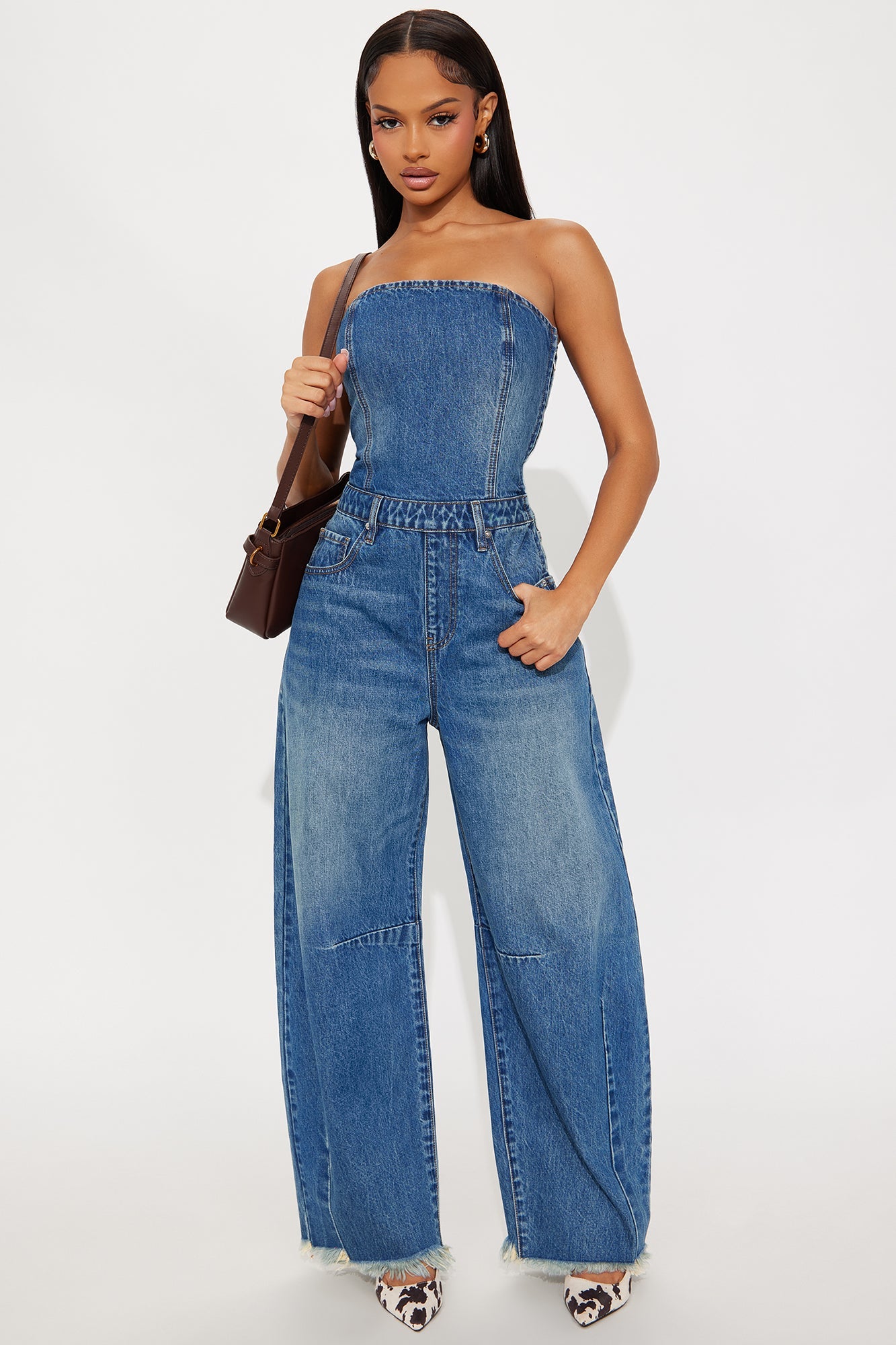 Jade Strapless Barrel Leg Jumpsuit - Medium Wash