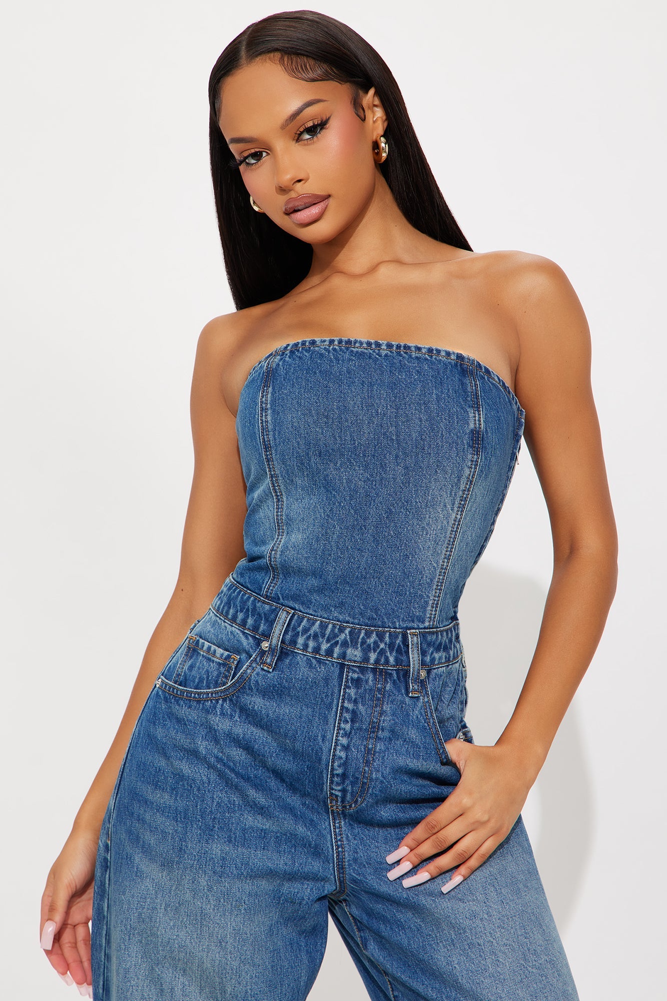 Jade Strapless Barrel Leg Jumpsuit - Medium Wash