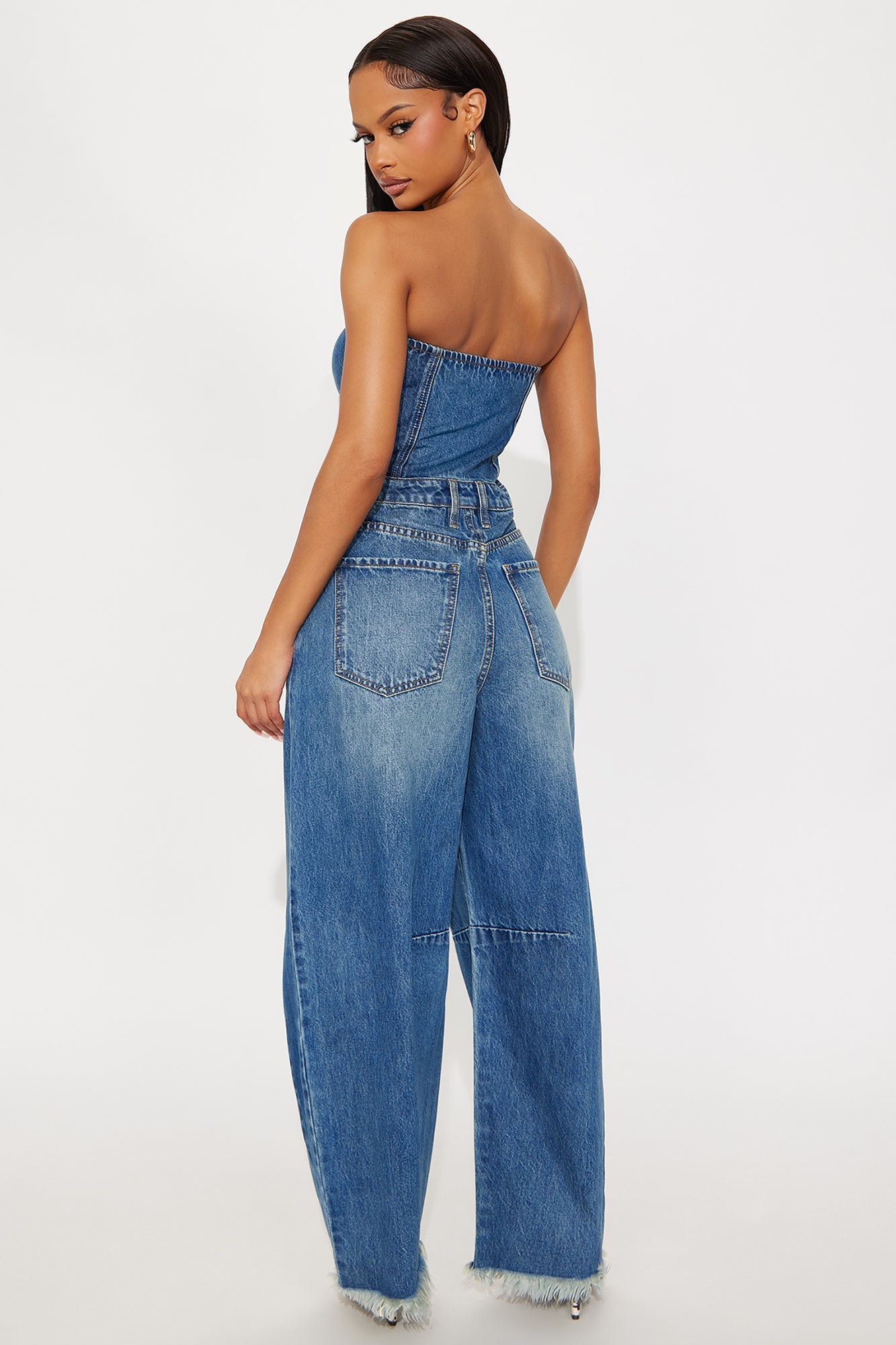 Jade Strapless Barrel Leg Jumpsuit - Medium Wash